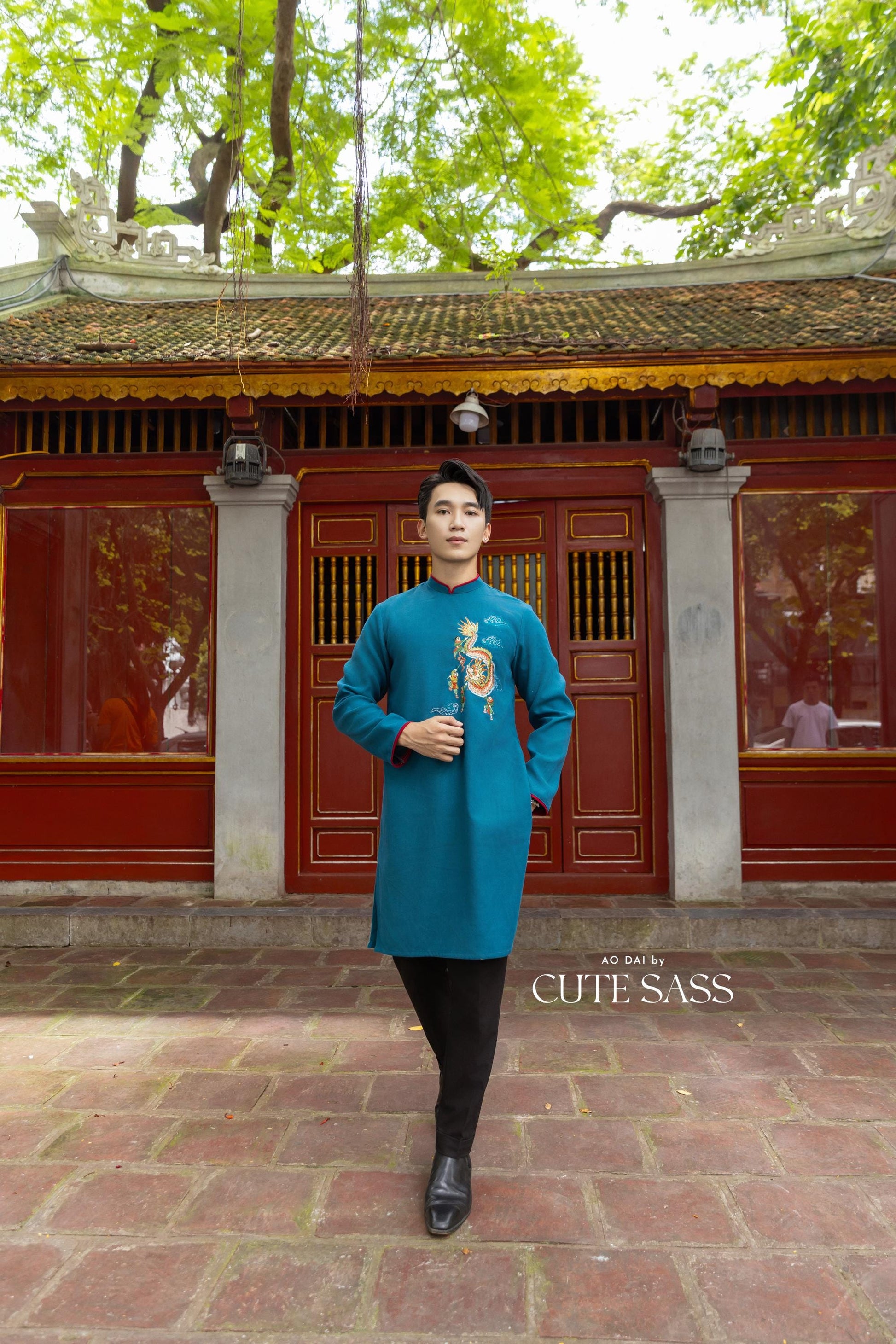 Cat Tuong - Dad and Boy Prussian Blue Dragon Matching Ao Dai | Pre-made Traditional Vietnamese Ao Dai | Lunar New Year