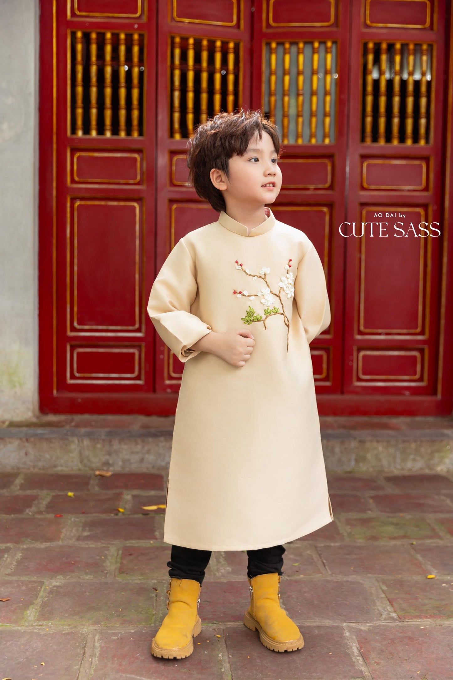 Cat Tuong - Dad and Boy Champagne Ribbon Matching Ao Dai FL| Pre-made Traditional Vietnamese Ao Dai | Lunar New Year