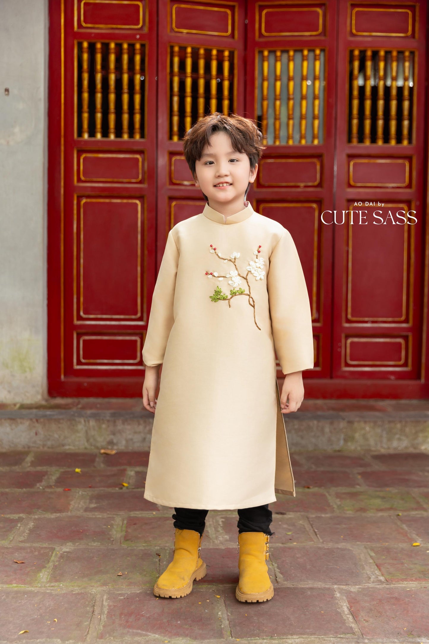 Cat Tuong - Dad and Boy Champagne Ribbon Matching Ao Dai FL| Pre-made Traditional Vietnamese Ao Dai | Lunar New Year