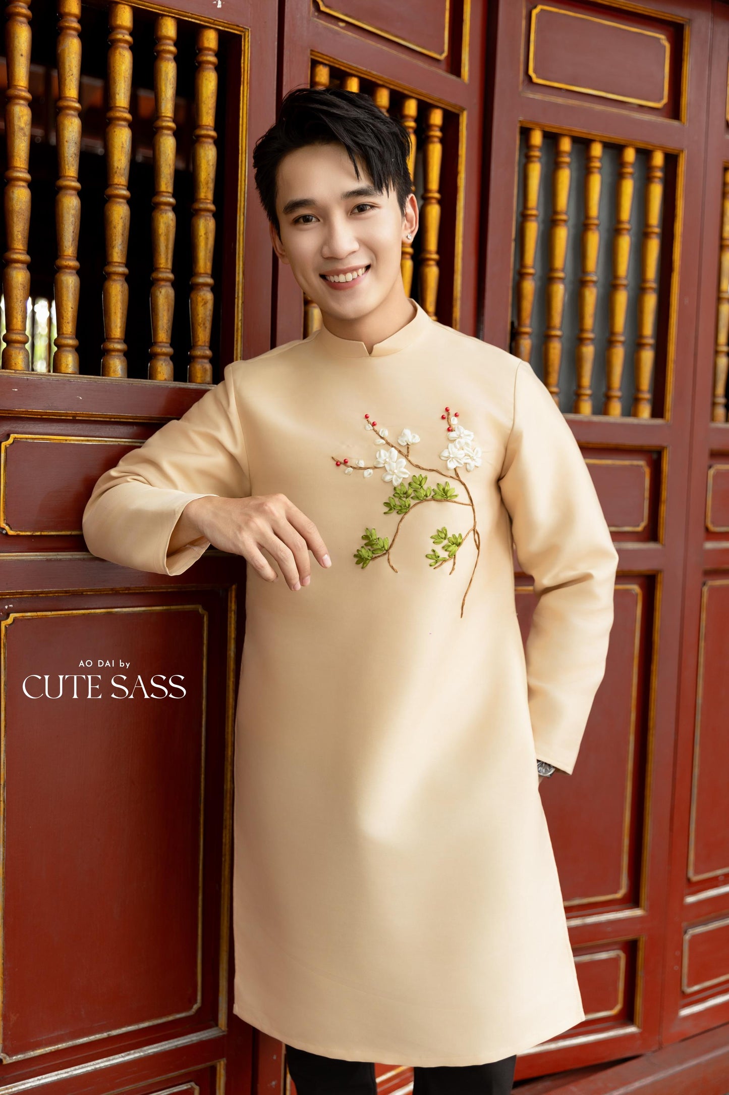 Cat Tuong - Dad and Boy Champagne Ribbon Matching Ao Dai FL| Pre-made Traditional Vietnamese Ao Dai | Lunar New Year