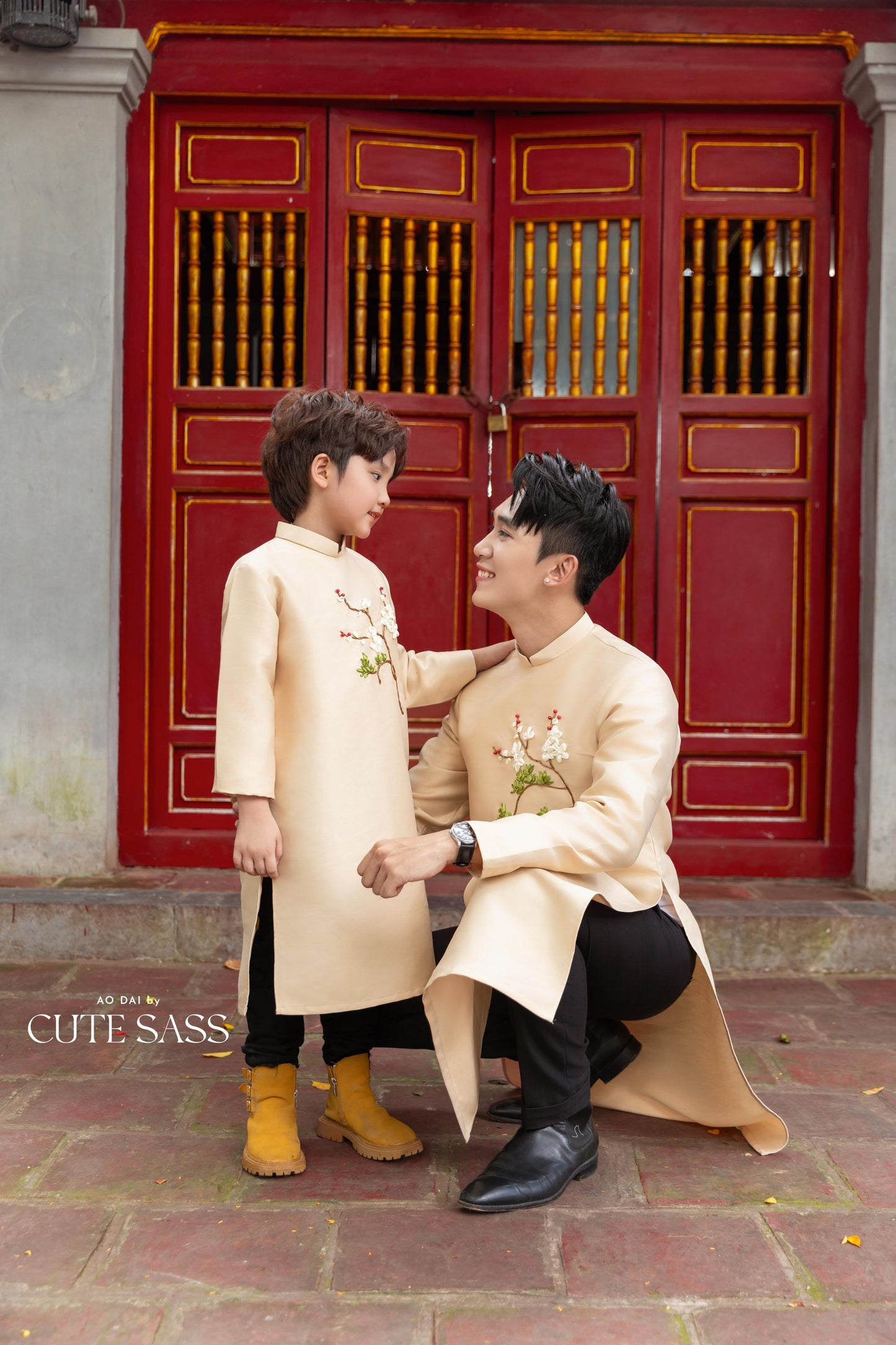 Cat Tuong - Dad and Boy Champagne Ribbon Matching Ao Dai FL| Pre-made Traditional Vietnamese Ao Dai | Lunar New Year