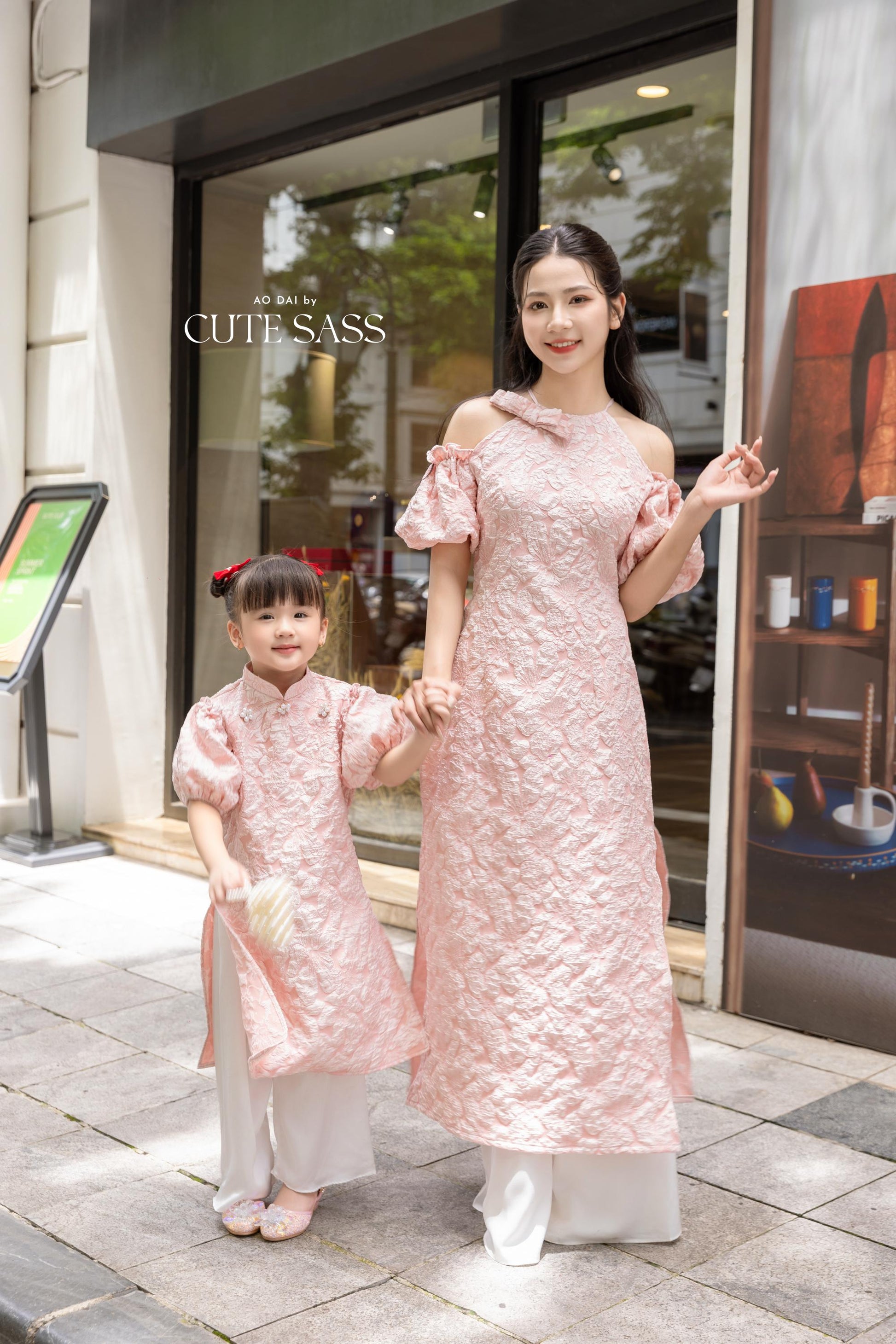 Cat Tuong - Mom and Daughter Pink Bow and Pearls Matching Ao Dai Set FL| Pre-made Traditional Vietnamese Ao Dai | Lunar New Year |