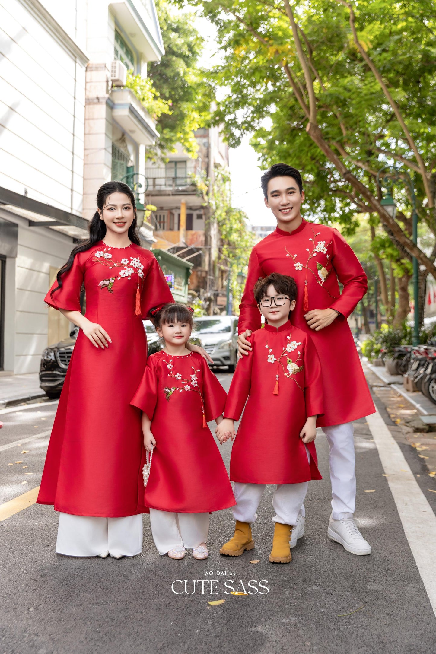 Cat Tuong - Family Red Ribbon Matching Ao Dai Set (No Tassel) | Pre-made Traditional Vietnamese Ao Dai | Lunar New Year |