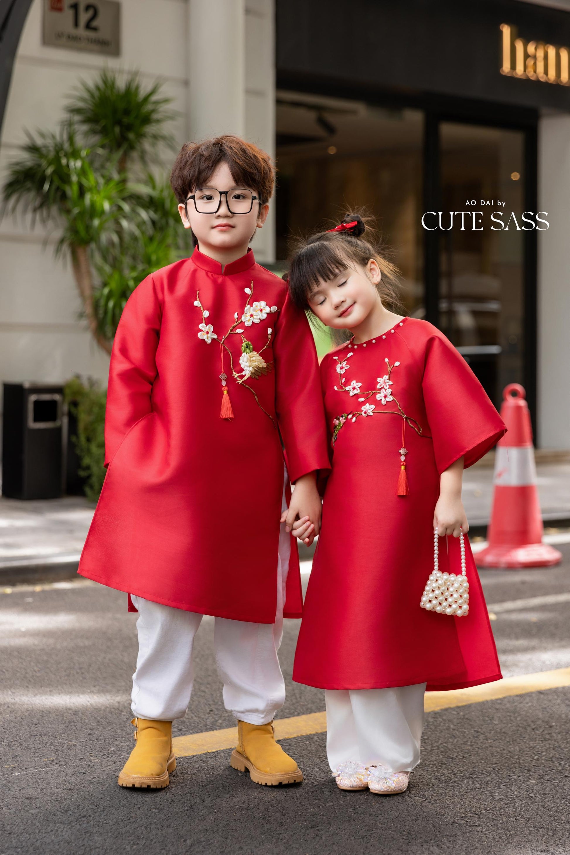 Cat Tuong - Family Red Ribbon Matching Ao Dai Set (No Tassel) | Pre-made Traditional Vietnamese Ao Dai | Lunar New Year |