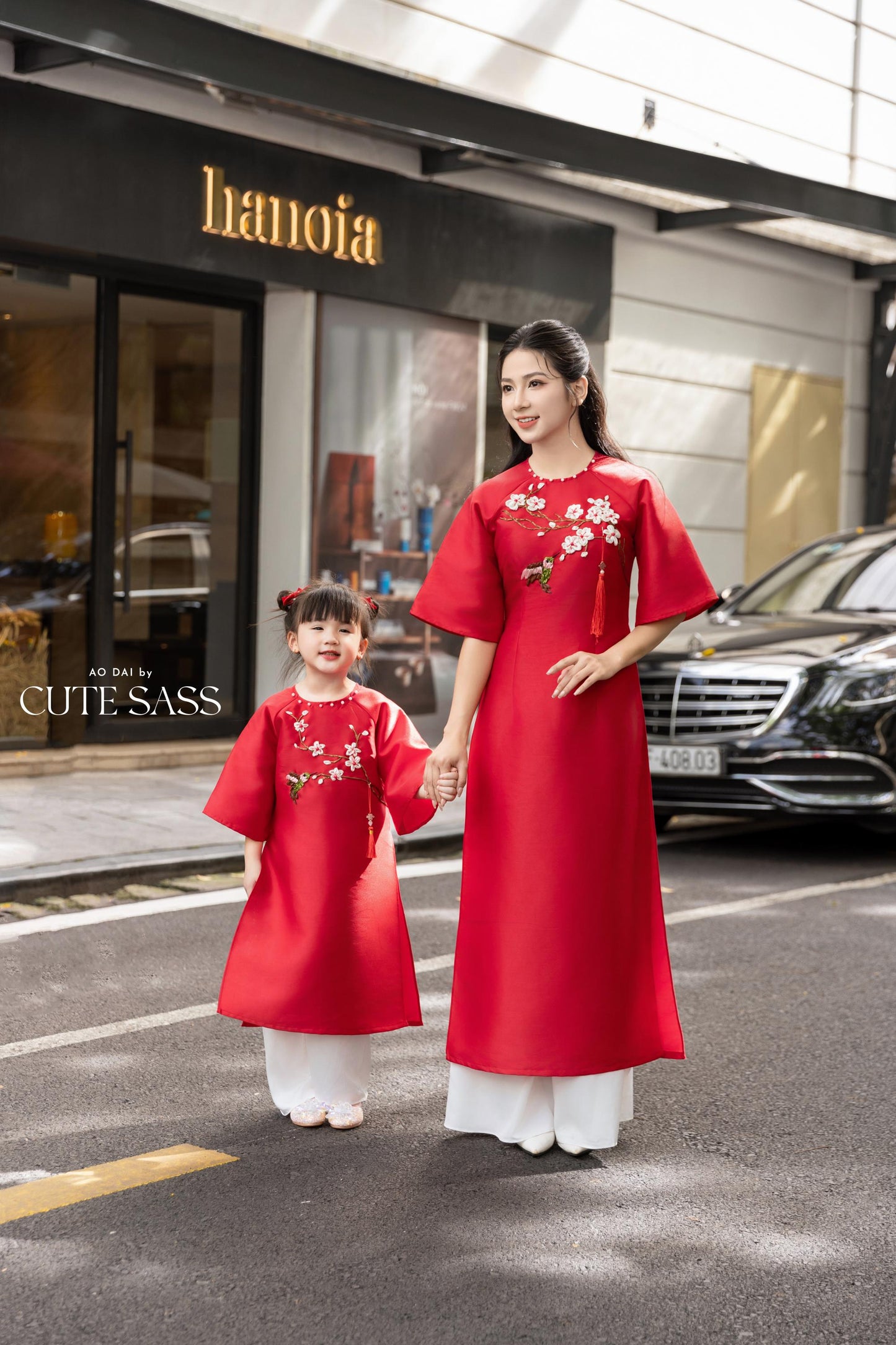 Cat Tuong - Family Red Ribbon Matching Ao Dai Set (No Tassel) | Pre-made Traditional Vietnamese Ao Dai | Lunar New Year |