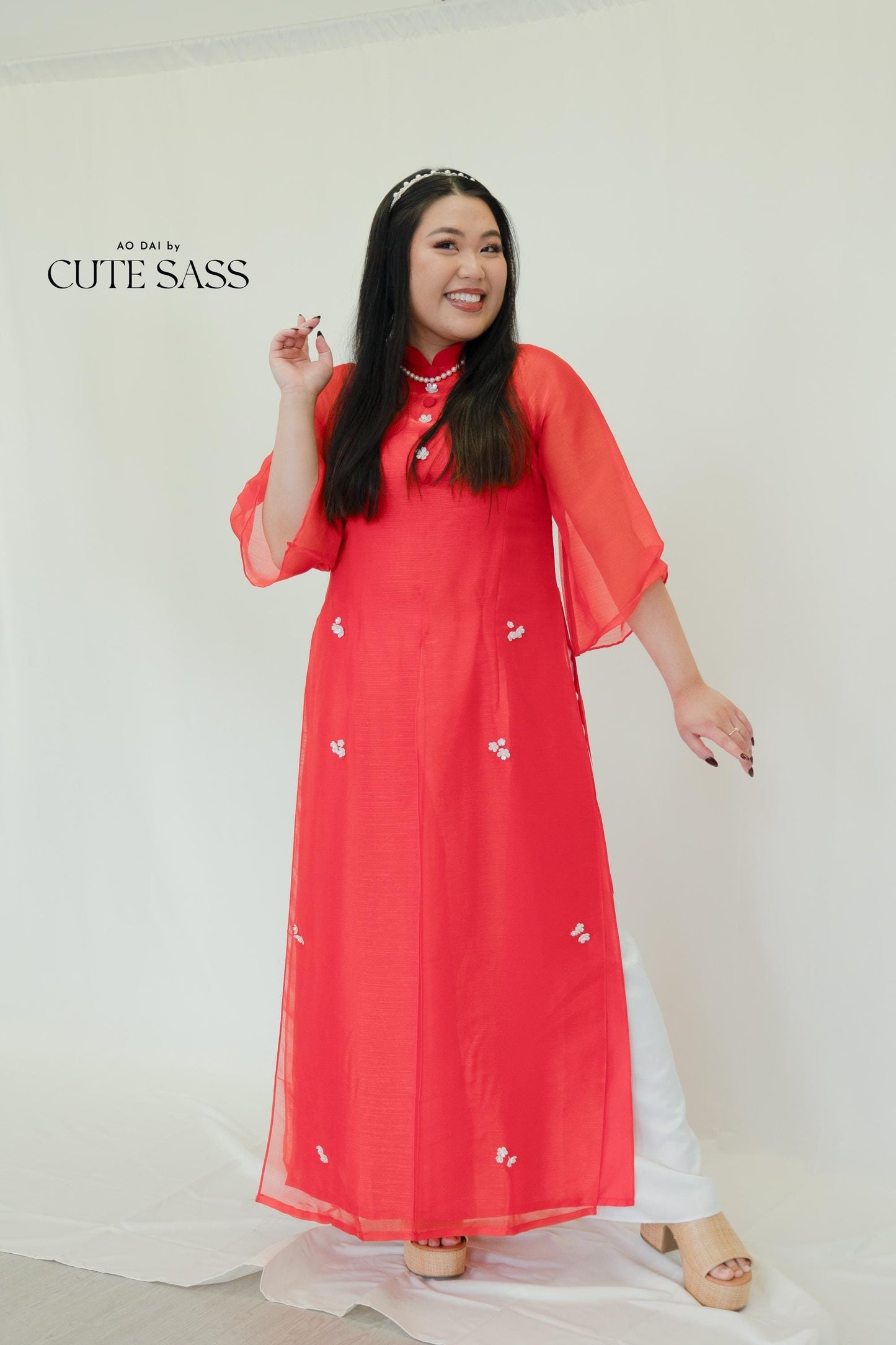 Red Sparkle Button Slit Ao Dai Set