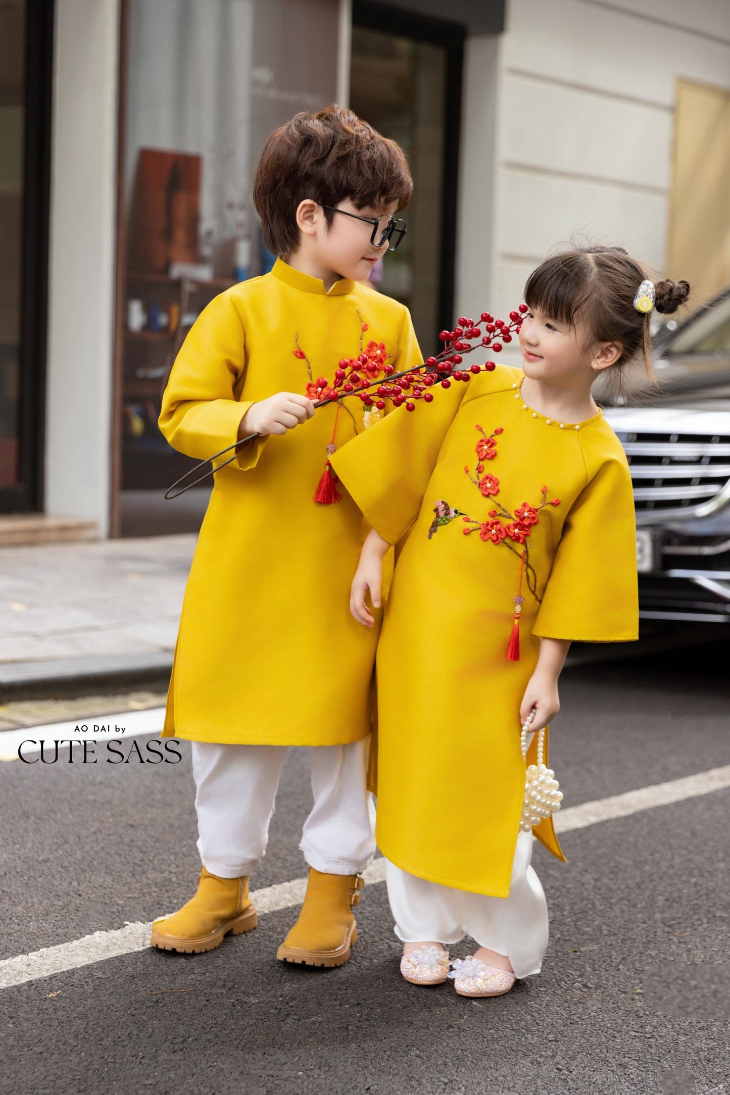 Cat Tuong - Family Yellow Ribbon Matching Ao Dai Set (No Tassel) | Pre-made Traditional Vietnamese Ao Dai | Lunar New Year |