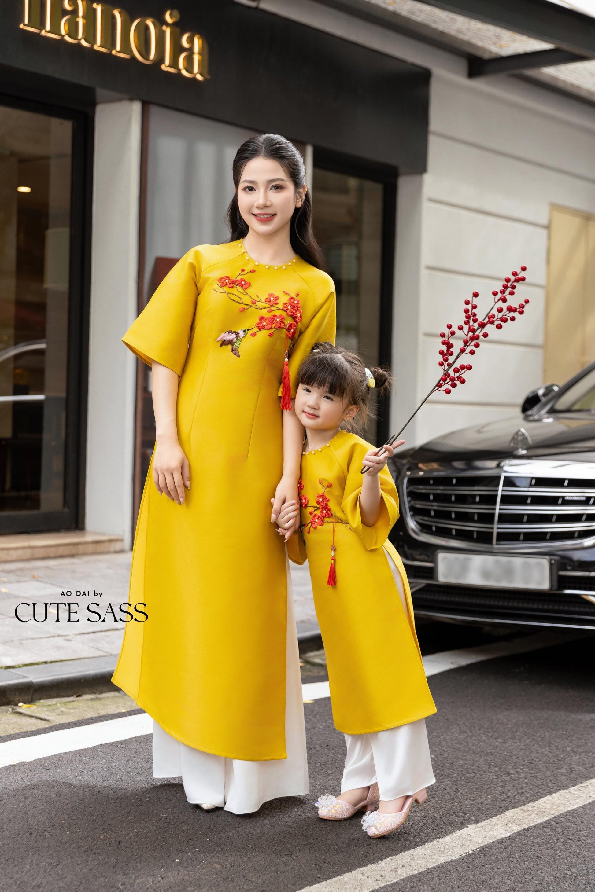 Cat Tuong - Family Yellow Ribbon Matching Ao Dai Set (No Tassel) | Pre-made Traditional Vietnamese Ao Dai | Lunar New Year |