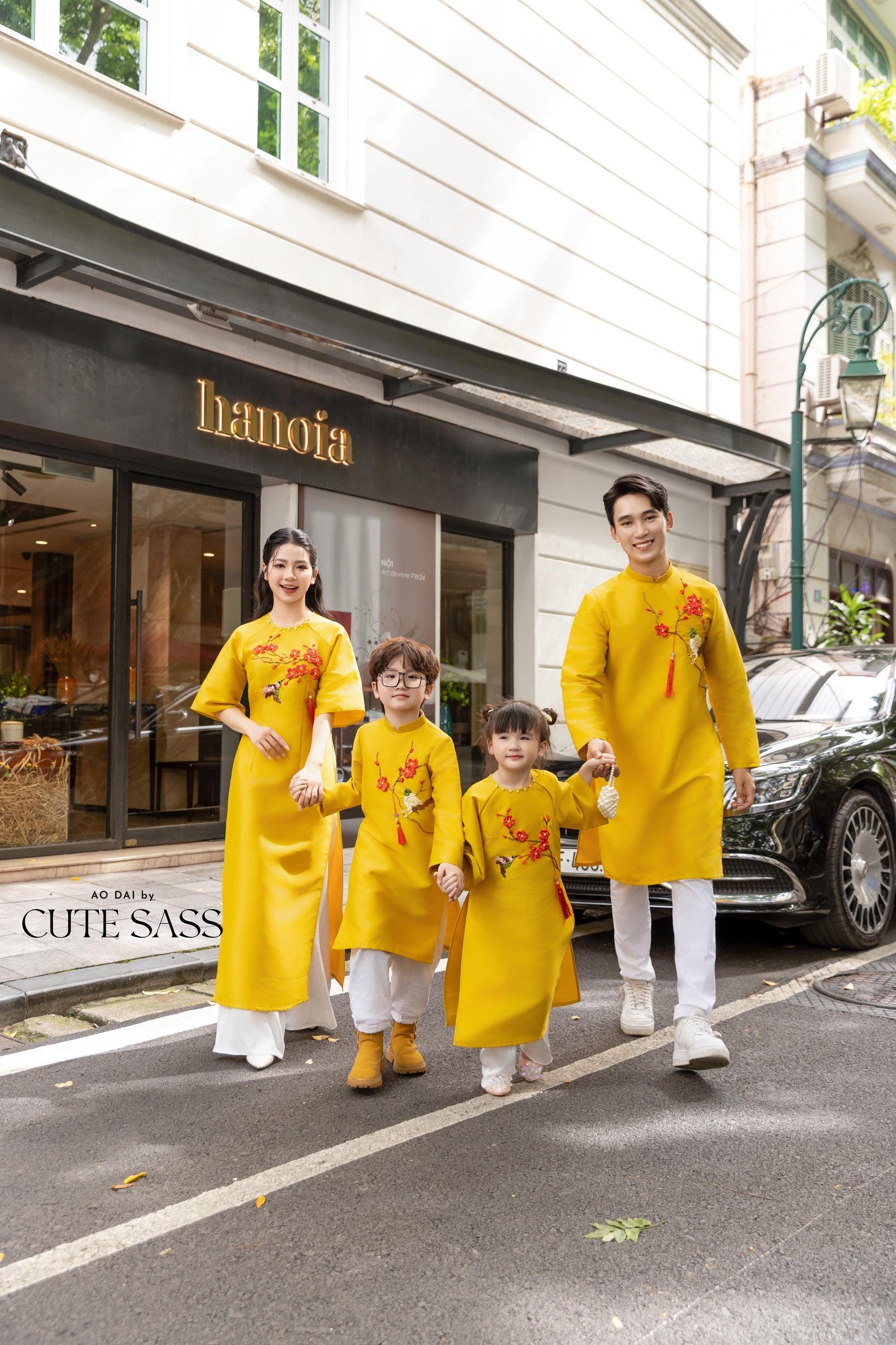 Cat Tuong - Family Yellow Ribbon Matching Ao Dai Set (No Tassel) | Pre-made Traditional Vietnamese Ao Dai | Lunar New Year |