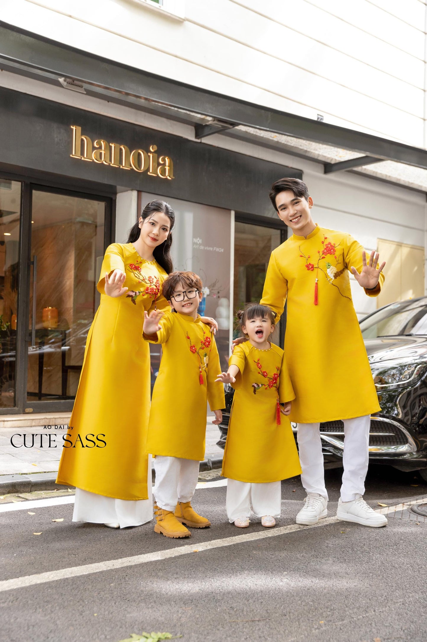 Cat Tuong - Family Yellow Ribbon Matching Ao Dai Set (No Tassel) | Pre-made Traditional Vietnamese Ao Dai | Lunar New Year |