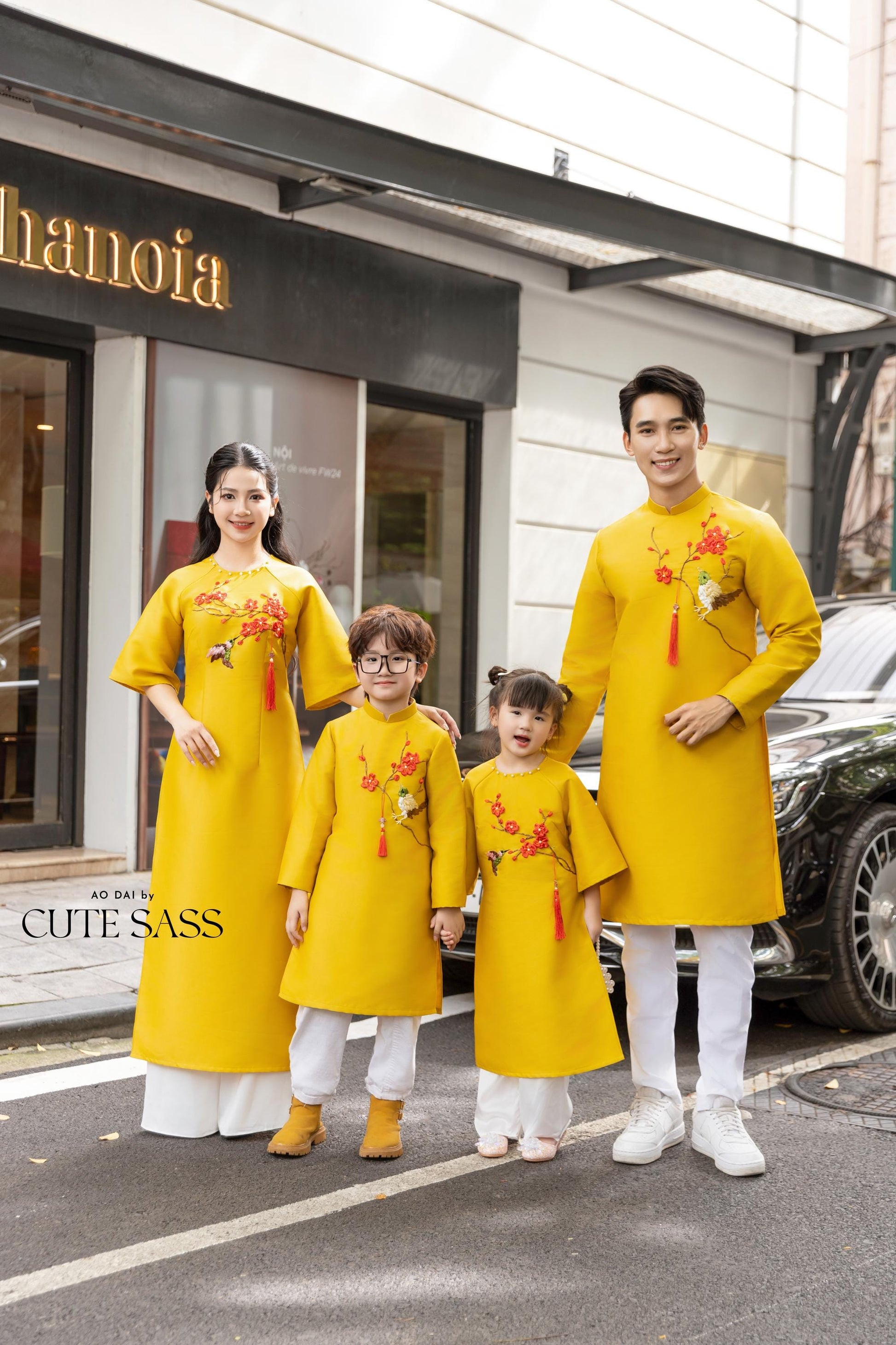 Cat Tuong - Family Yellow Ribbon Matching Ao Dai Set (No Tassel) | Pre-made Traditional Vietnamese Ao Dai | Lunar New Year |