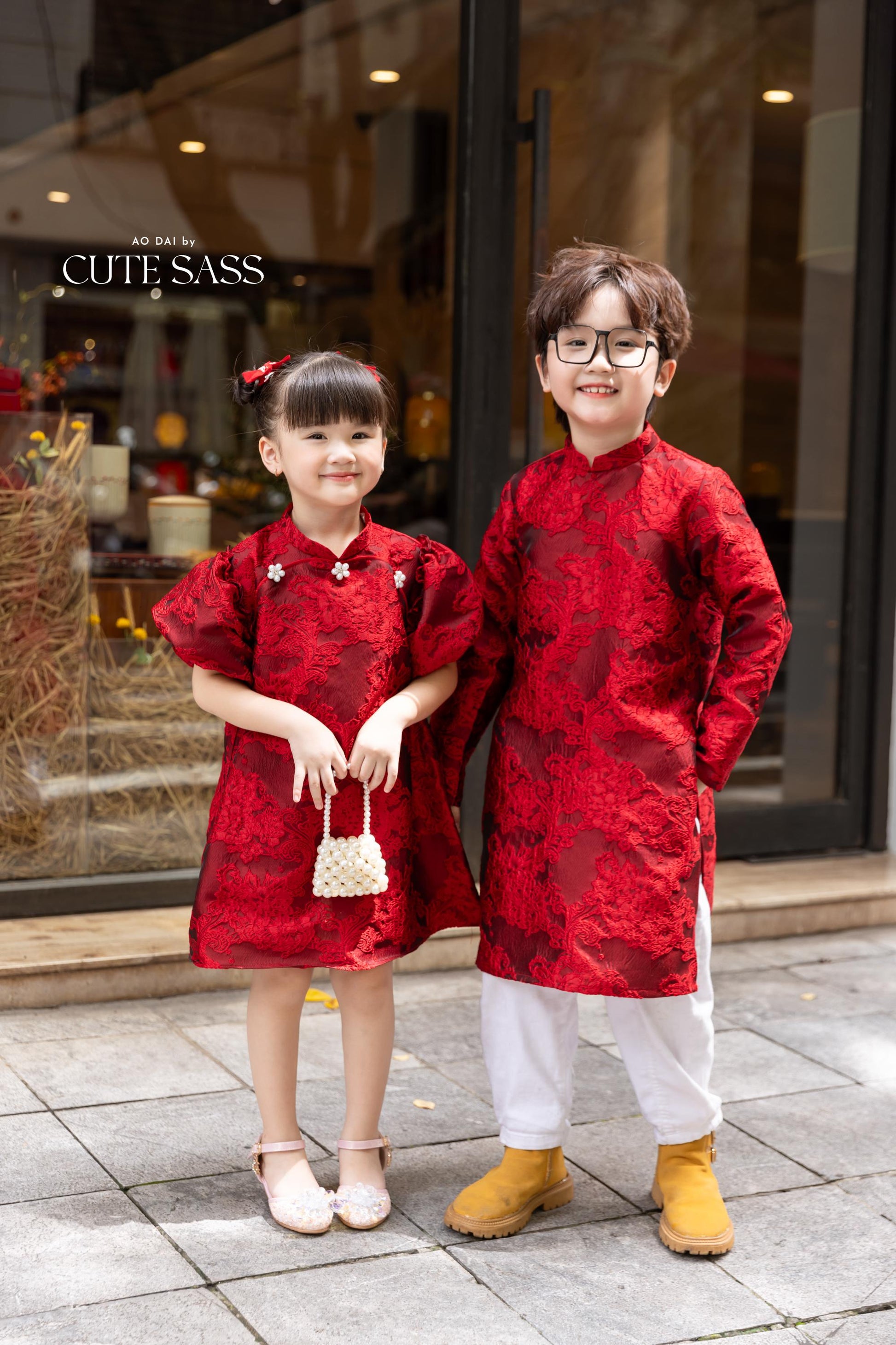 Cat Tuong - Family Red Bow and Pearls Matching Ao Dai Set FL| Pre-made Traditional Vietnamese Ao Dai | Lunar New Year |