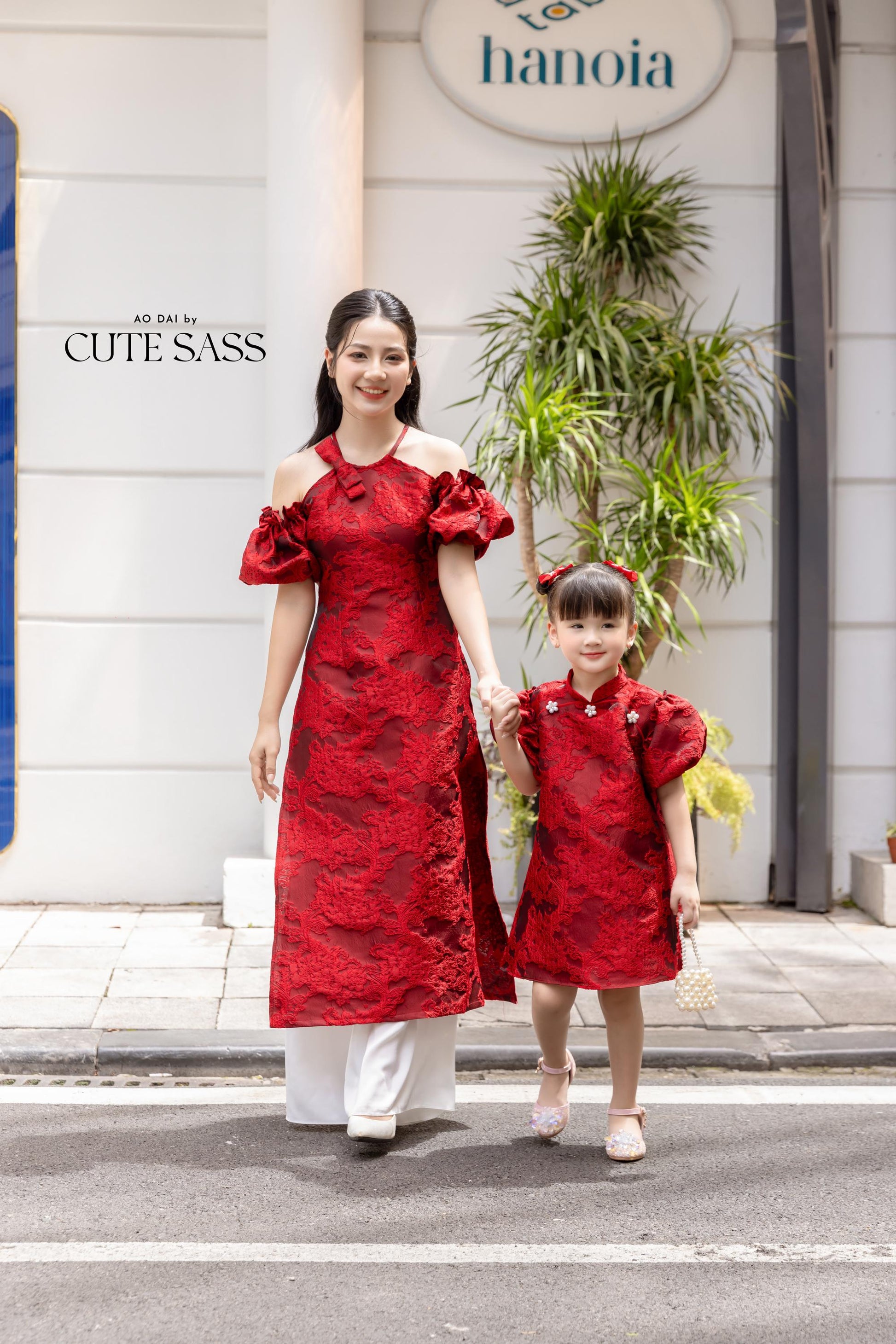 Cat Tuong - Family Red Bow and Pearls Matching Ao Dai Set FL| Pre-made Traditional Vietnamese Ao Dai | Lunar New Year |