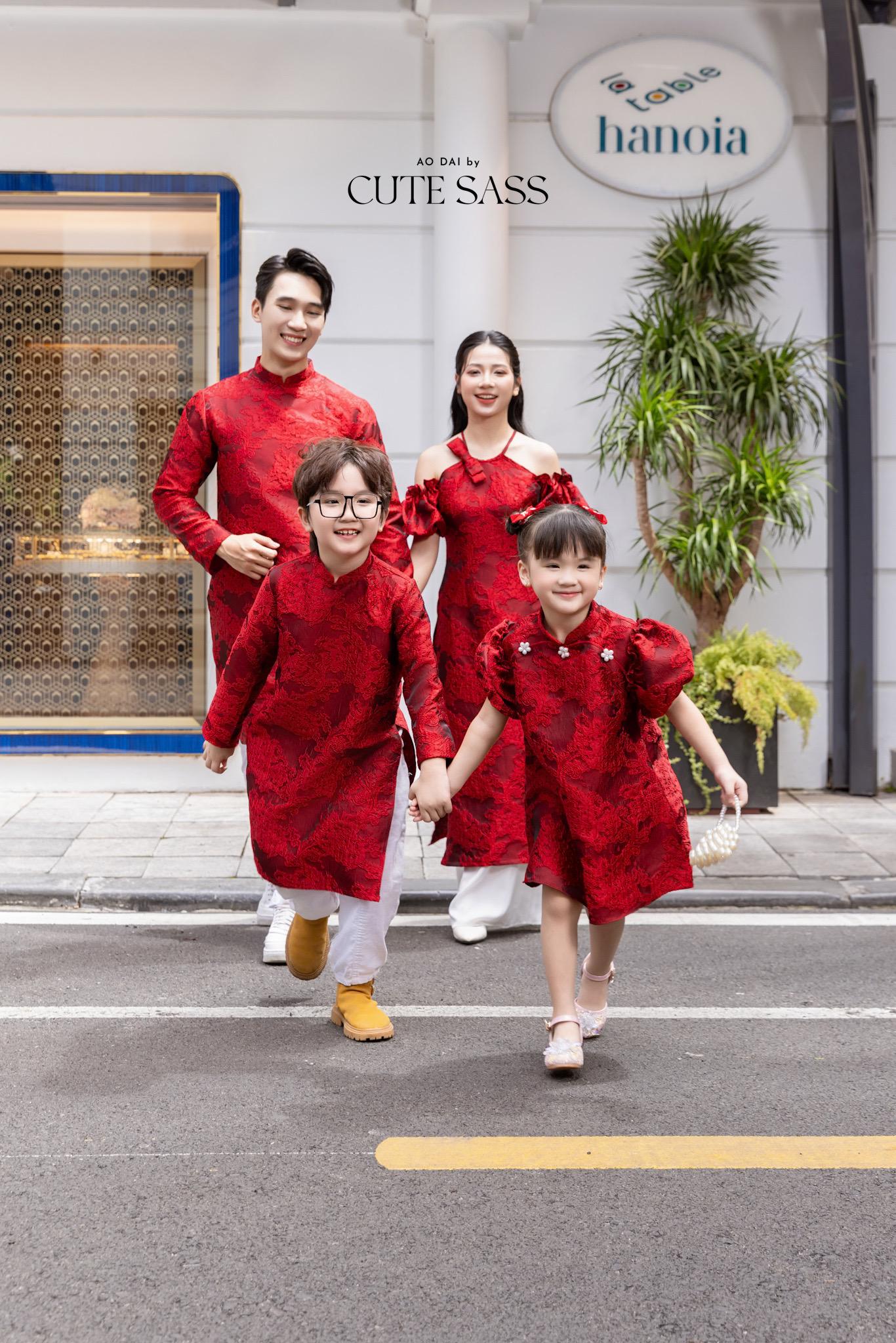 Cat Tuong - Family Red Bow and Pearls Matching Ao Dai Set FL| Pre-made Traditional Vietnamese Ao Dai | Lunar New Year |