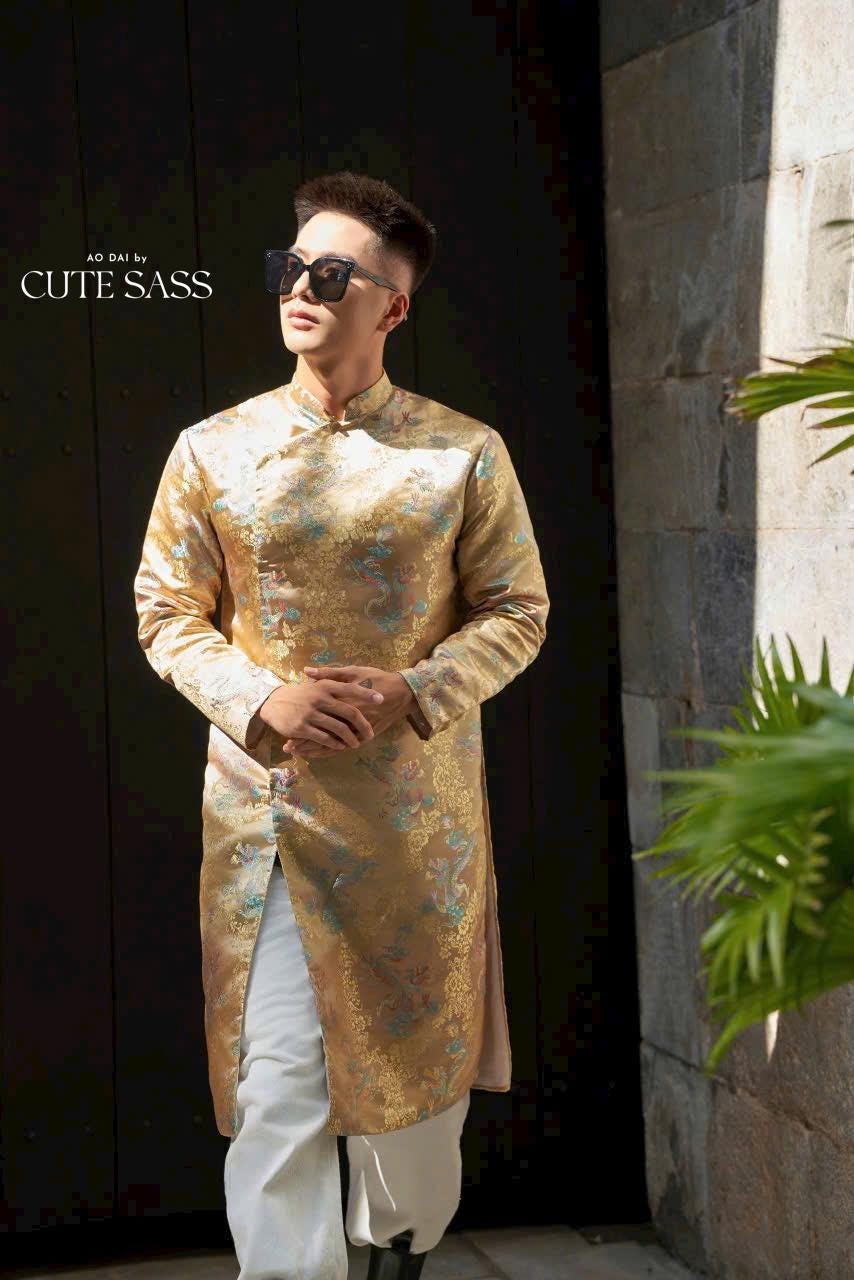 Men Shiny Gold Dragon Gam Ao Dai Top 35B| Pre-made Traditional Vietnamese Ao Dai| Lunar New Year | Ao Dai for Dad, Boy | Ao Dai Tet|