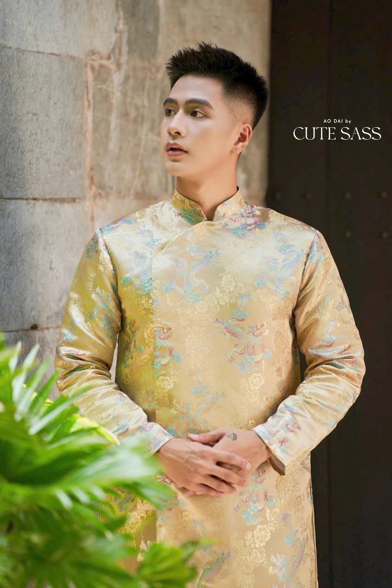 Men Shiny Gold Dragon Gam Ao Dai Top 35B| Pre-made Traditional Vietnamese Ao Dai| Lunar New Year | Ao Dai for Dad, Boy | Ao Dai Tet|