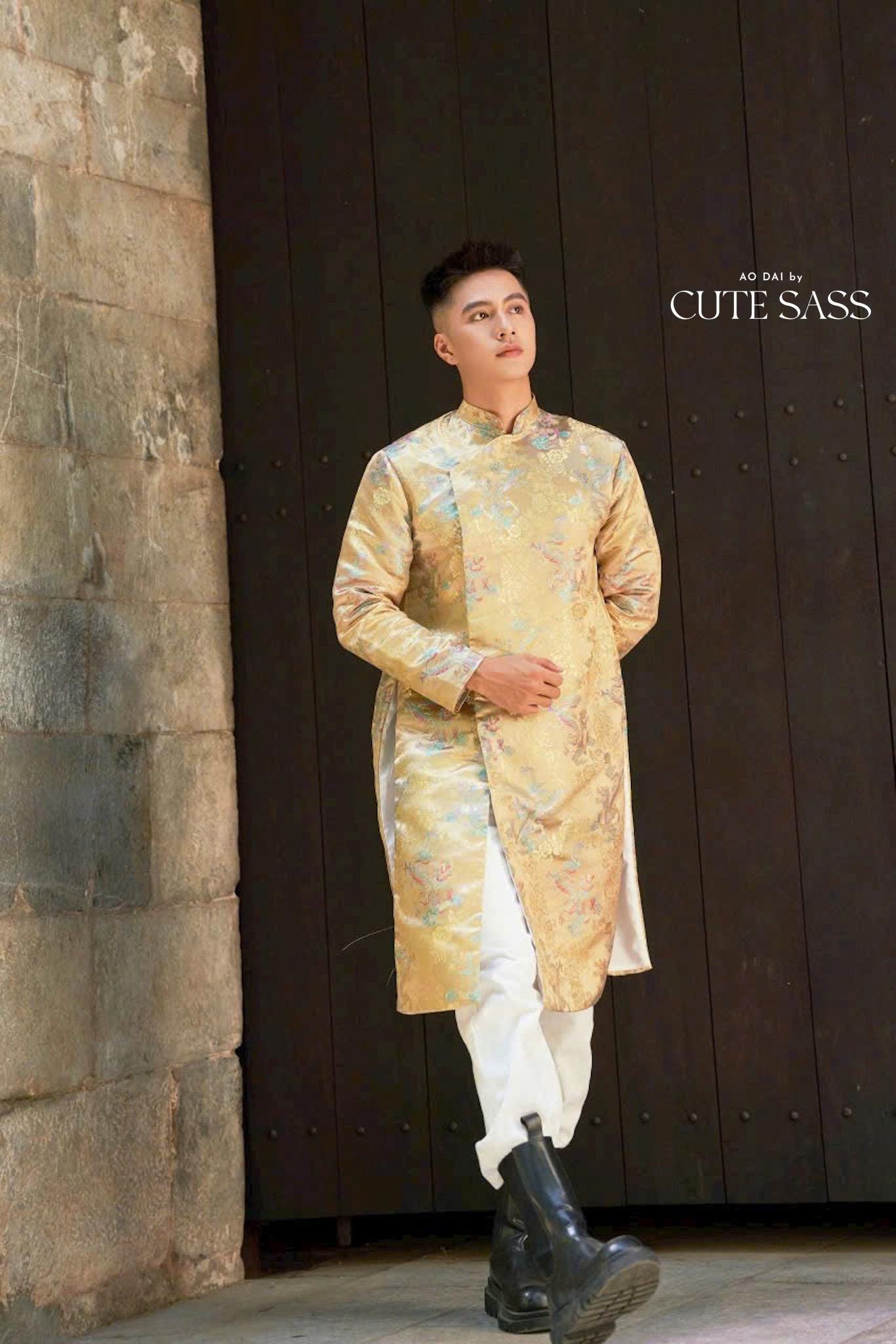 Men Shiny Gold Dragon Gam Ao Dai Top 35B| Pre-made Traditional Vietnamese Ao Dai| Lunar New Year | Ao Dai for Dad, Boy | Ao Dai Tet|