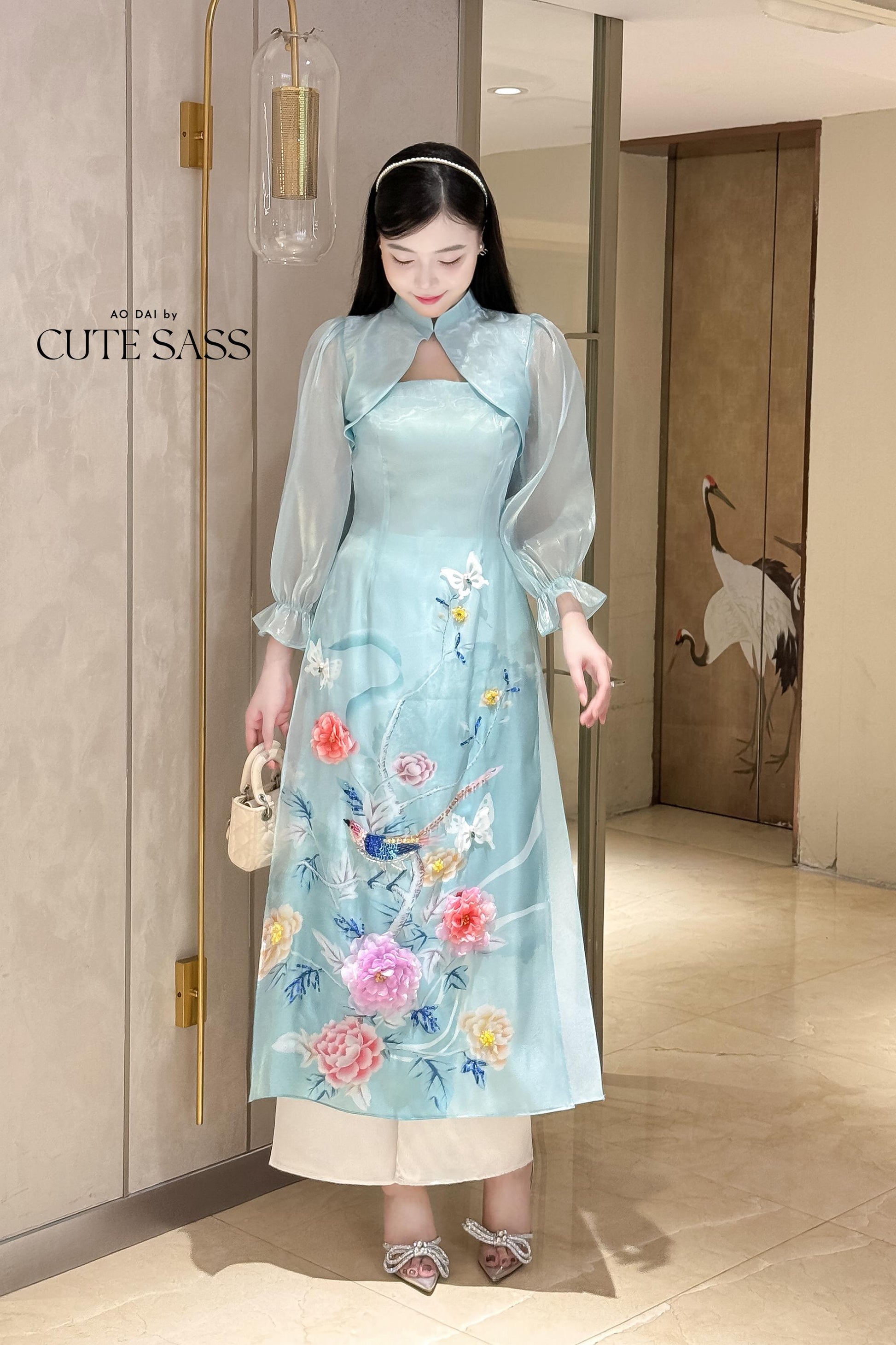 Mom and Daughter Blue Cut Out Long Sleeves Ao Dai Set 31-32D| Pre-made Traditional Vietnamese Ao Dai | Lunar New Year |