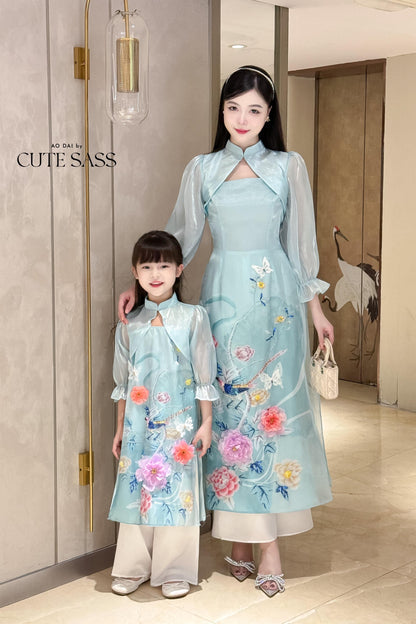 Mom and Daughter Blue Cut Out Long Sleeves Ao Dai Set 31-32D| Pre-made Traditional Vietnamese Ao Dai | Lunar New Year |