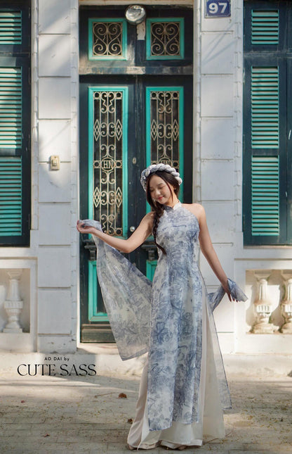Blue Printed Yem-Inspired Ao Dai Top Only, No Headband, No Scarf FL| Pre-made Modernized Vietnamese Ao Dai| Lunar New Year| Ao Dai Cach Tan