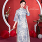 Shifted Blue Printed Chiffon Ao Dai Top Only, NO PANTS 4A| Pre-made Modern Viet Ao Dai| Pastel Ao Dai | Lunar New Year