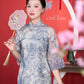 Shifted Blue Printed Chiffon Ao Dai Top Only, NO PANTS 4A| Pre-made Modern Viet Ao Dai| Pastel Ao Dai | Lunar New Year