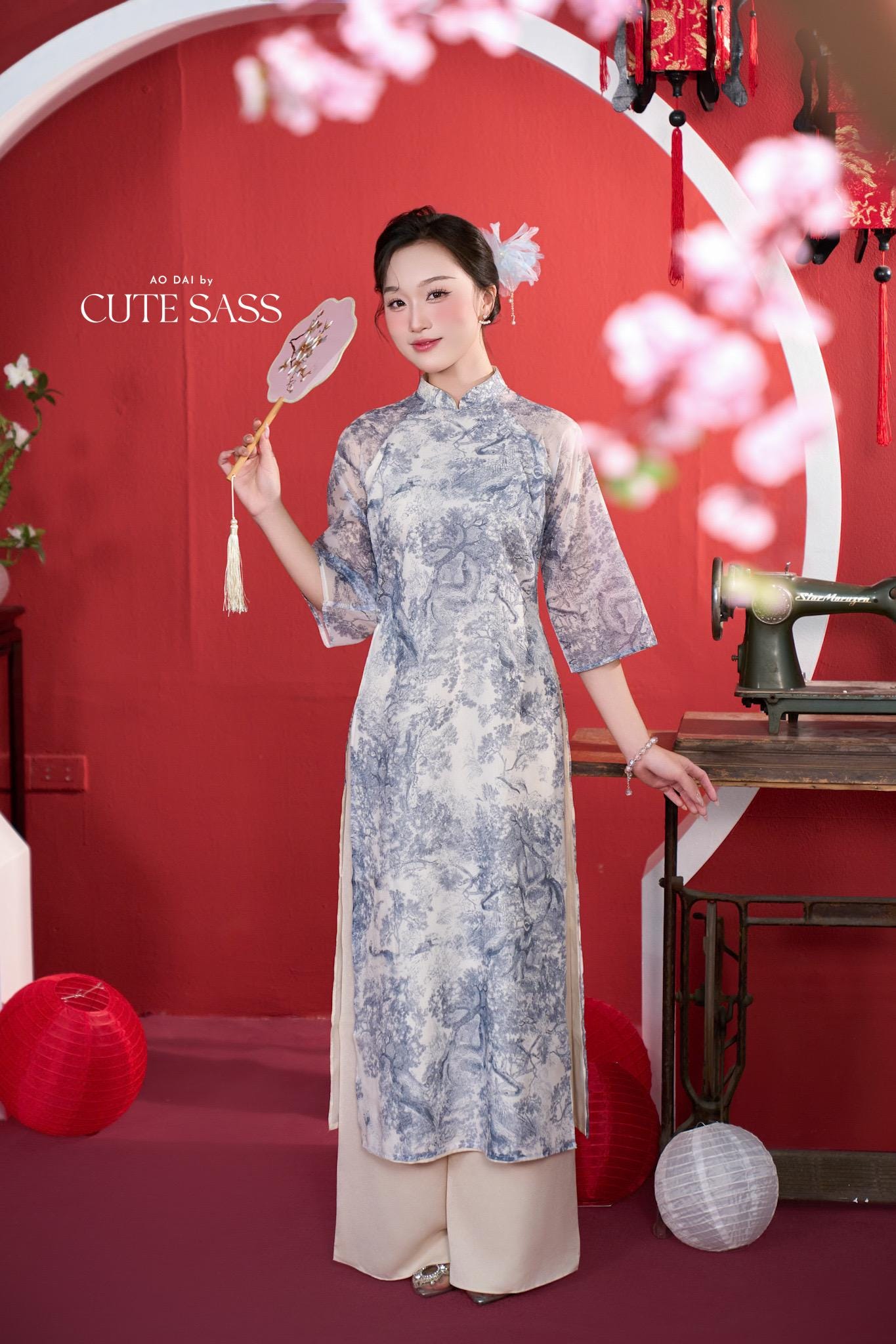 Shifted Blue Printed Chiffon Ao Dai Top Only, NO PANTS 4A| Pre-made Modern Viet Ao Dai| Pastel Ao Dai | Lunar New Year