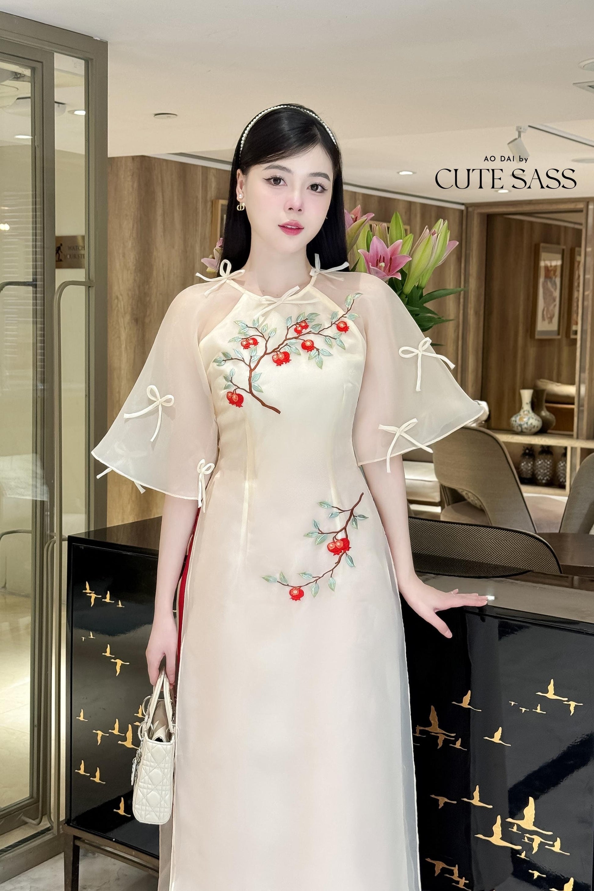 Moc Lan - Cream Pom Bow Sleeves Ao Dai Set 25C| Pre-made Traditional Vietnamese Women Ao Dai with Pants | Lunar New Year| Ao Dai Cach Tan|