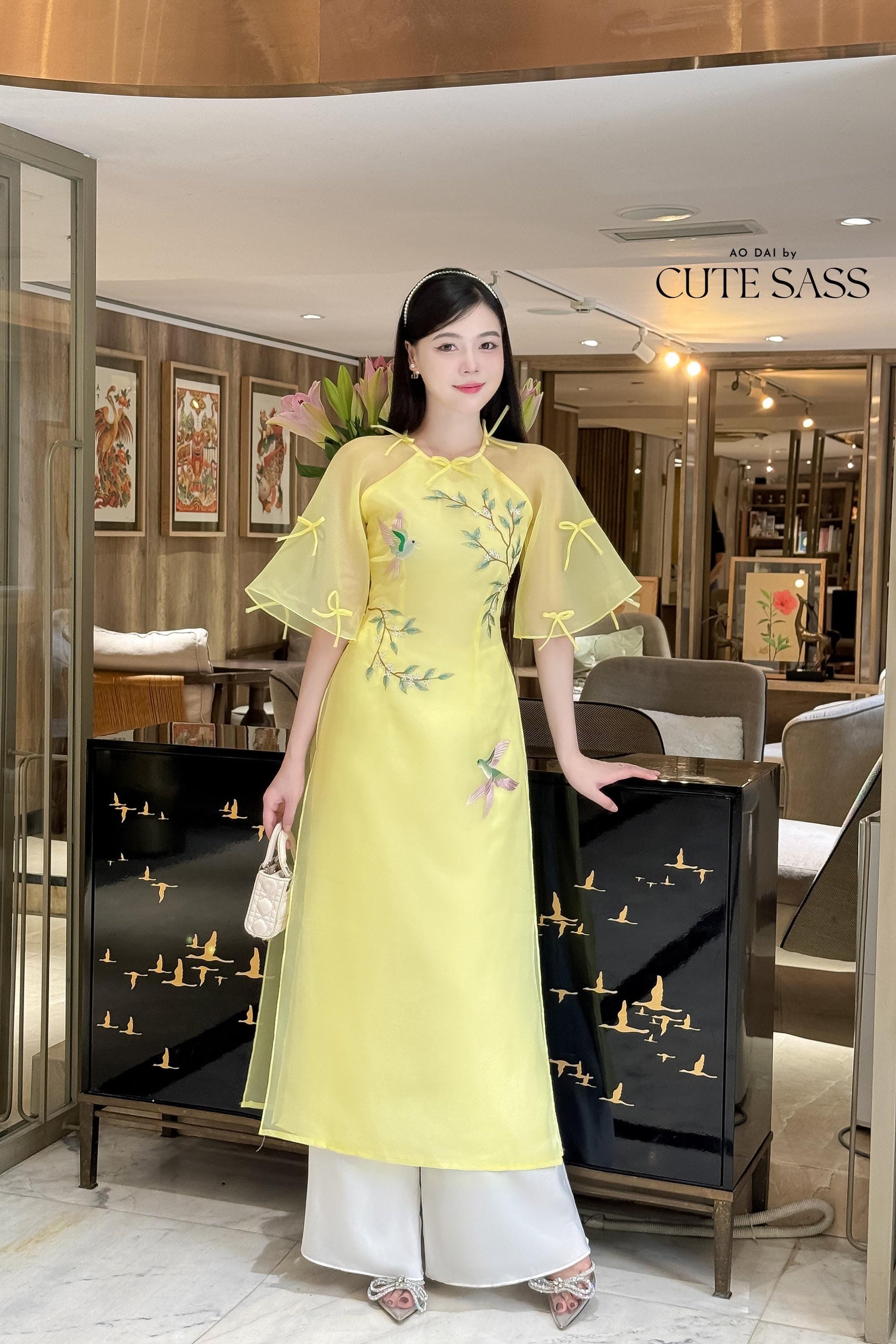 Moc Lan - Yellow Pom Bow Sleeves Ao Dai Set | Pre-made Traditional Vietnamese Women Ao Dai with Pants | Lunar New Year| Ao Dai Cach Tan|