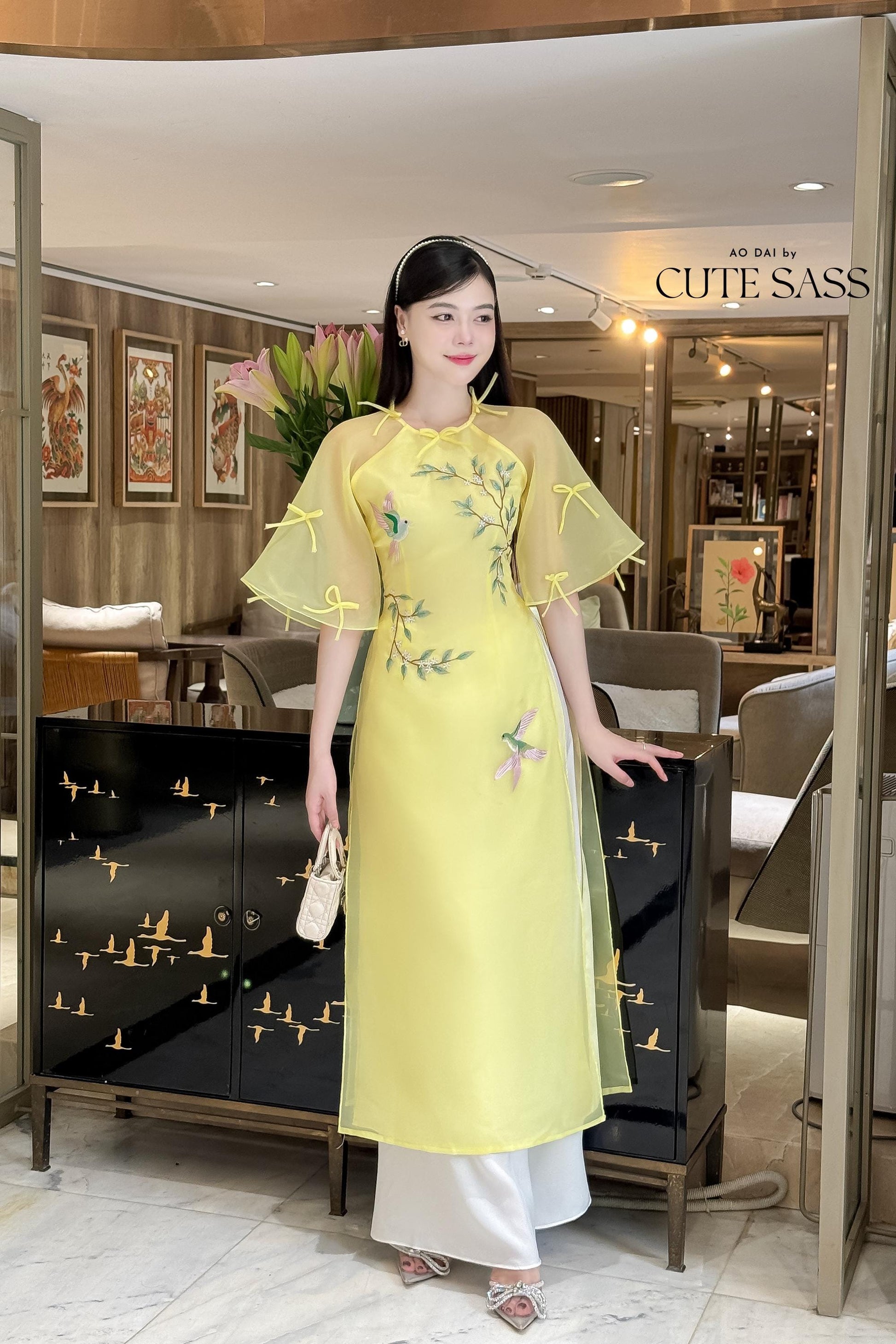 Moc Lan - Yellow Pom Bow Sleeves Ao Dai Set | Pre-made Traditional Vietnamese Women Ao Dai with Pants | Lunar New Year| Ao Dai Cach Tan|