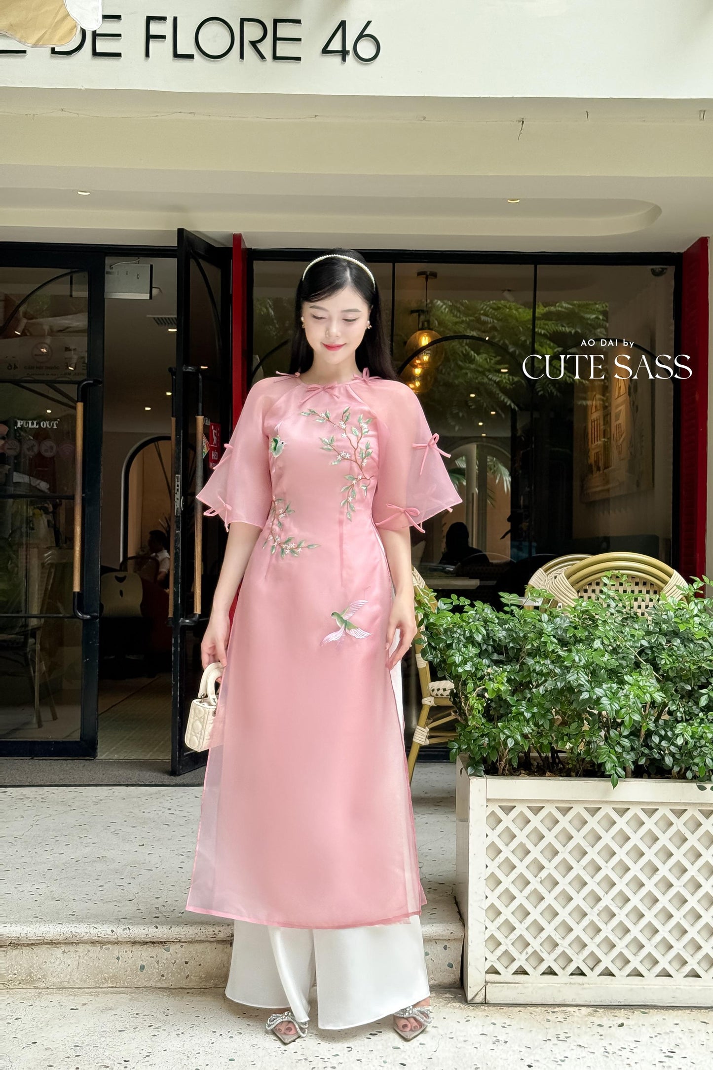 Moc Lan - Pink Pom Bow Sleeves Ao Dai Set | Pre-made Traditional Vietnamese Women Ao Dai with Pants | Lunar New Year| Ao Dai Cach Tan|