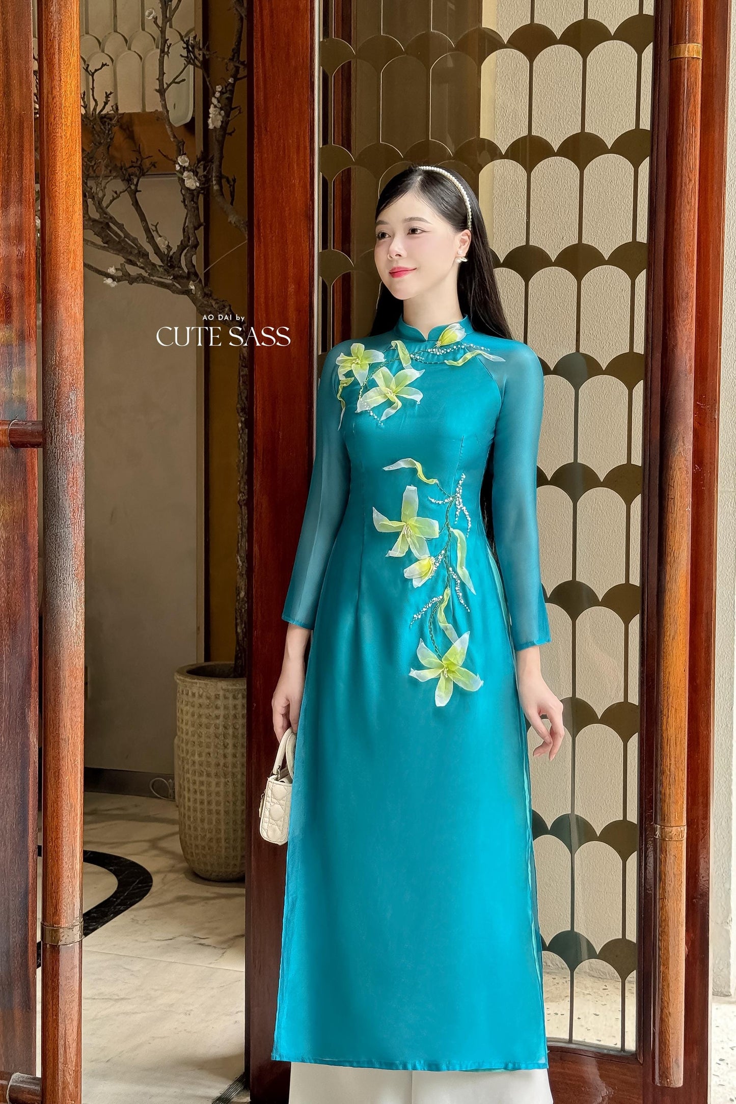 Moc Lan - Turquoise Ribbon Ao Dai Set 12B|Pre-made Traditional Vietnamese Women Ao Dai with Pants | Lunar New Year|Ao Dai Cach Tan