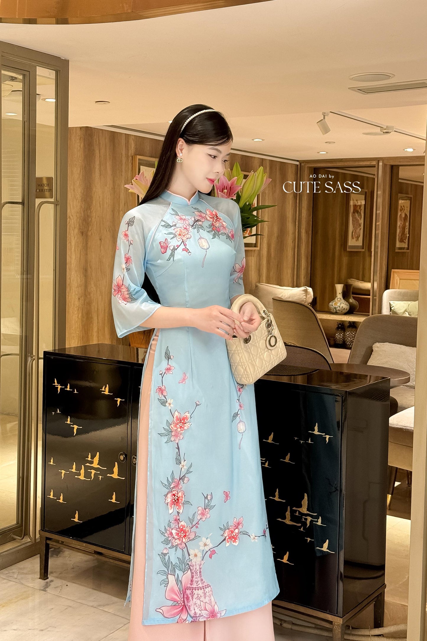 Huyen Mi - Blue Branches Ao Dai Set 20C|Pre-made Traditional Vietnamese Women Ao Dai with Pants | Lunar New Year|Ao Dai Cach Tan