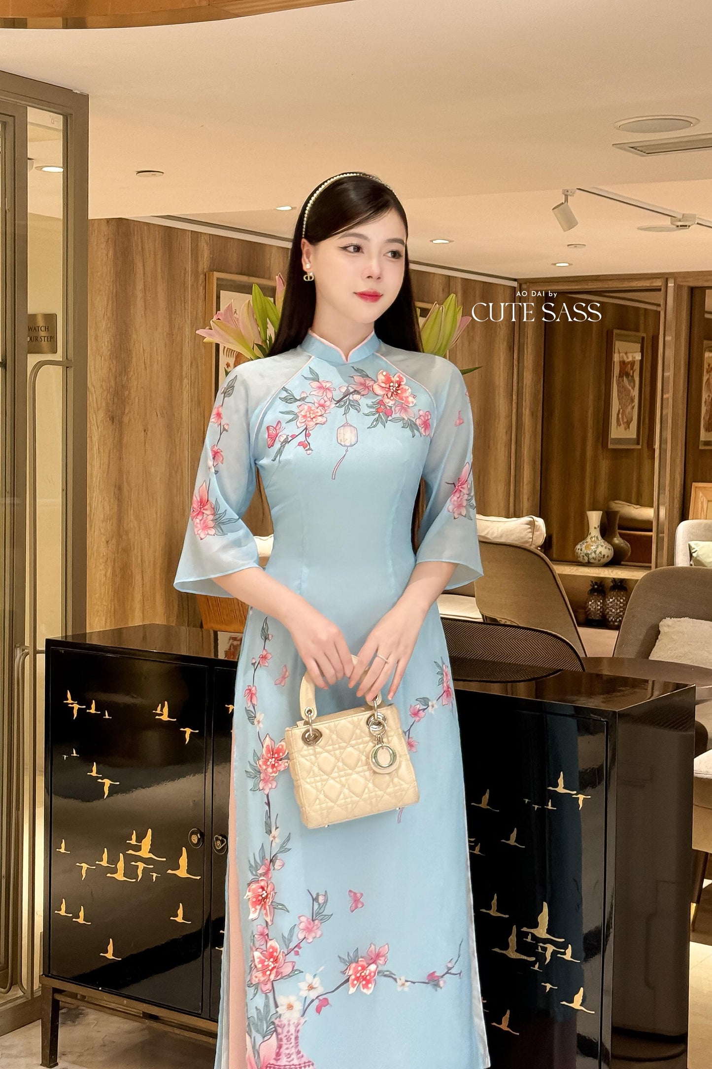 Huyen Mi - Blue Branches Ao Dai Set 20C|Pre-made Traditional Vietnamese Women Ao Dai with Pants | Lunar New Year|Ao Dai Cach Tan