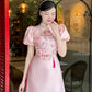 Huyen Mi - Pink Cut Out Puffy Sleeves Ao Dai Set|Pre-made Traditional Vietnamese Women Ao Dai with Pants | Lunar New Year|Ao Dai Cach Tan