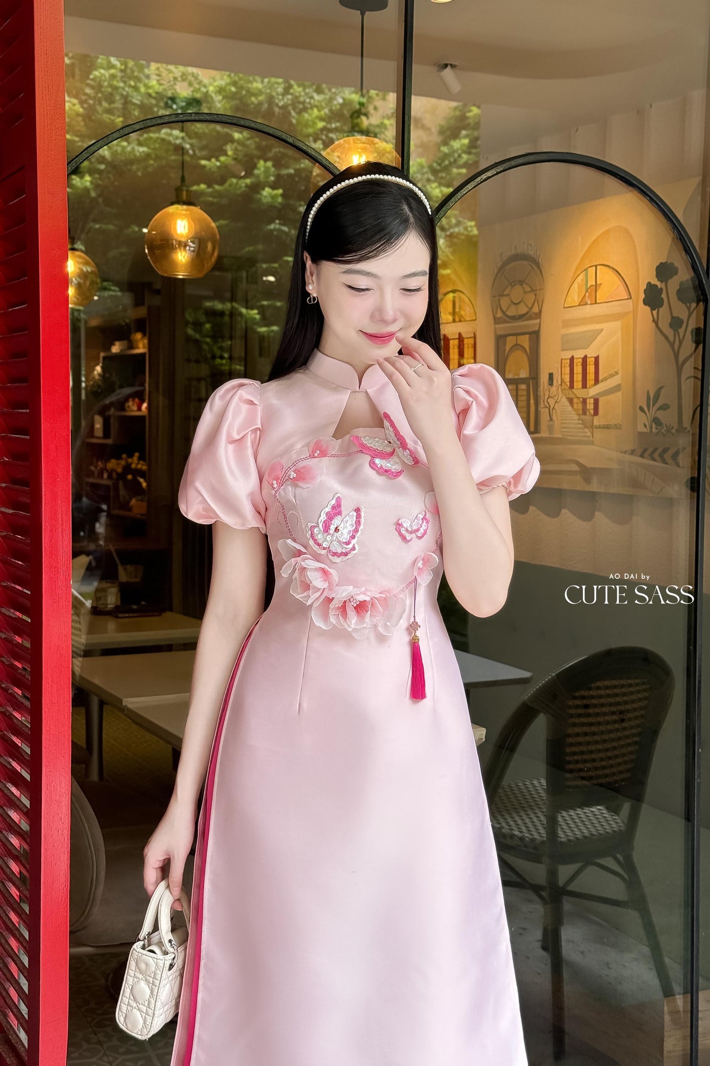 Huyen Mi - Pink Cut Out Puffy Sleeves Ao Dai Set|Pre-made Traditional Vietnamese Women Ao Dai with Pants | Lunar New Year|Ao Dai Cach Tan