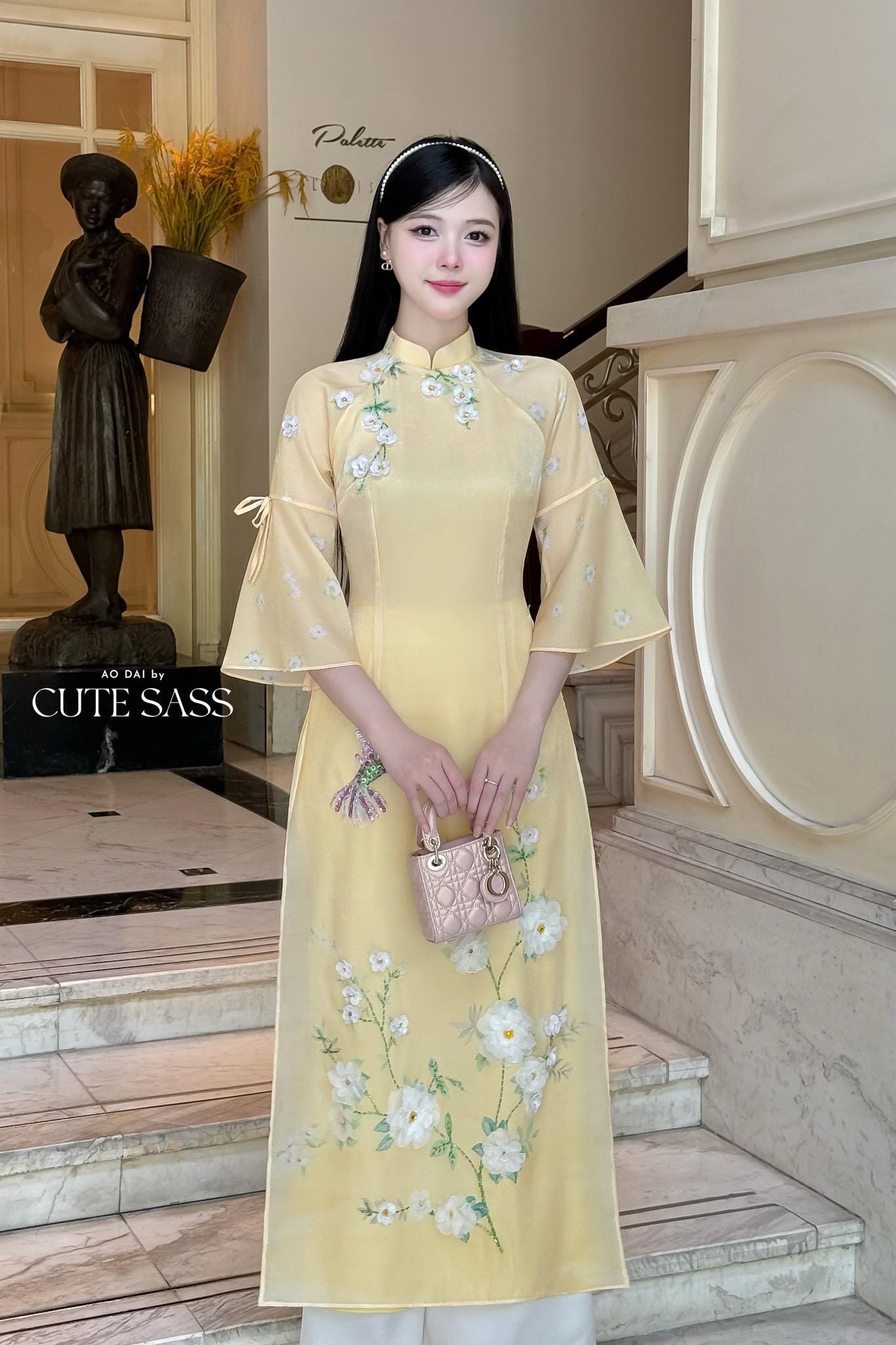 Light Yellow 3D Blossoms Ao Dai Set 22D|Pre-made Modernized Vietnamese Ao Dai| Women Ao Dai with Pants | Lunar New Year| Ao Dai Cach Tan|