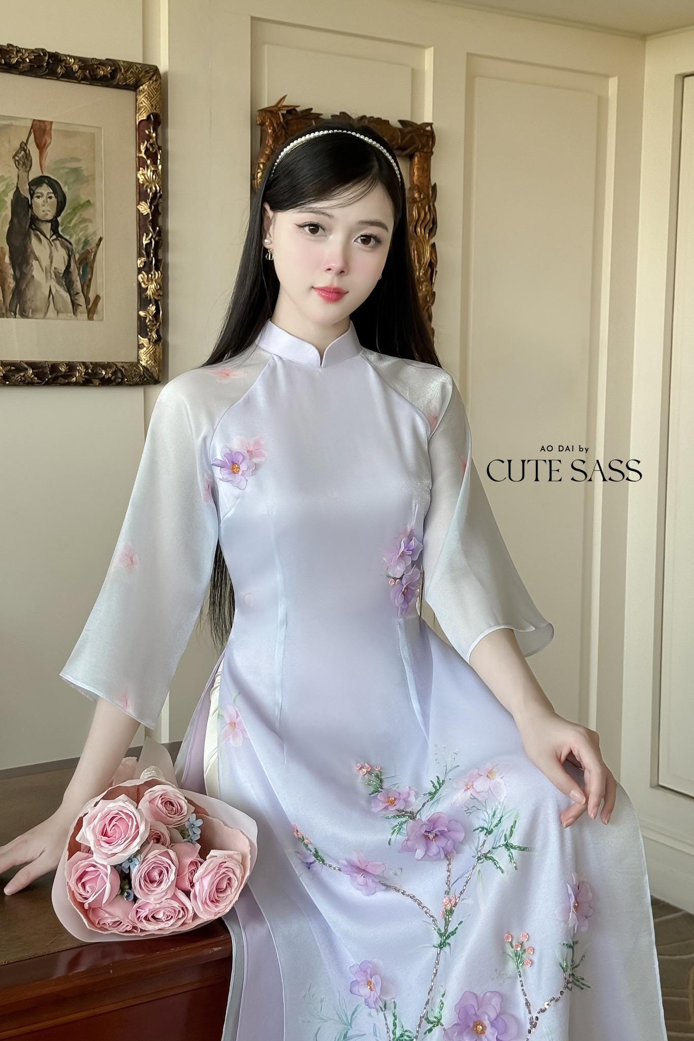 Light Purple 3D Blossoms Ao Dai Set 21D|Pre-made Modernized Vietnamese Ao Dai| Women Ao Dai with Pants | Lunar New Year| Ao Dai Cach Tan|