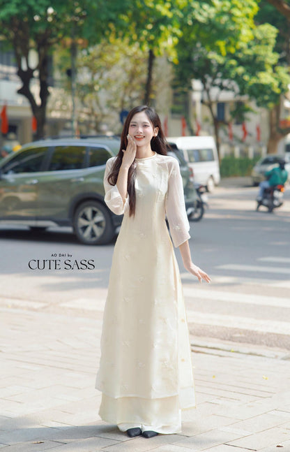 Cream Tassel Embroidery Roses Ao Dai Set 29A|Pre-made Modernized Vietnamese Ao Dai| Women Ao Dai with Pants | Lunar New Year|