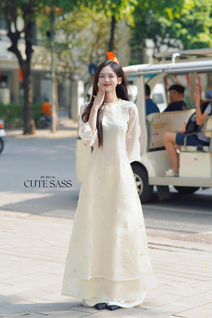 Cream Tassel Embroidery Roses Ao Dai Set 29A|Pre-made Modernized Vietnamese Ao Dai| Women Ao Dai with Pants | Lunar New Year|