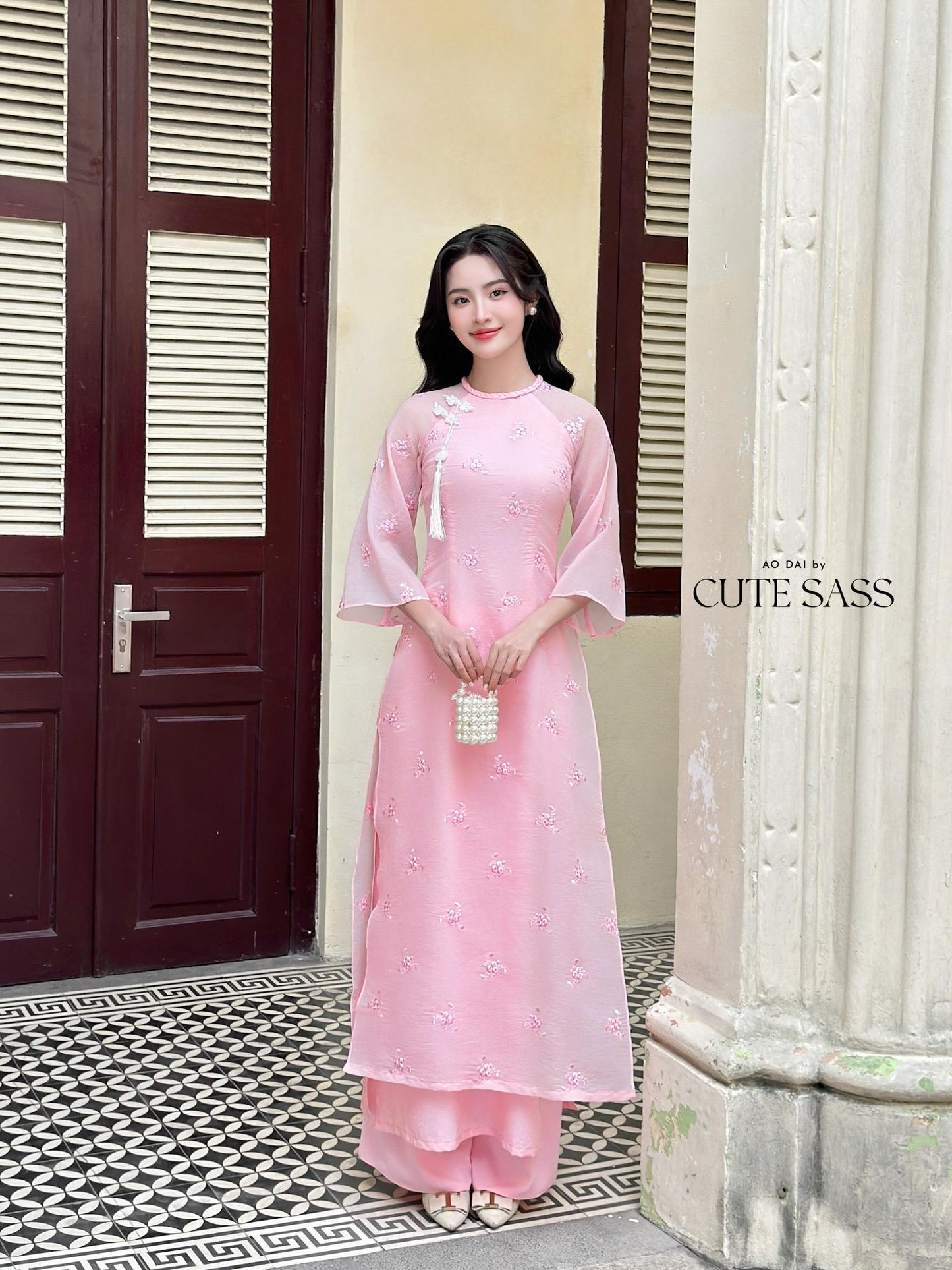 Pink Tassel Embroidery Roses Ao Dai Set 29A|Pre-made Modernized Vietnamese Ao Dai| Women Ao Dai with Pants | Lunar New Year|