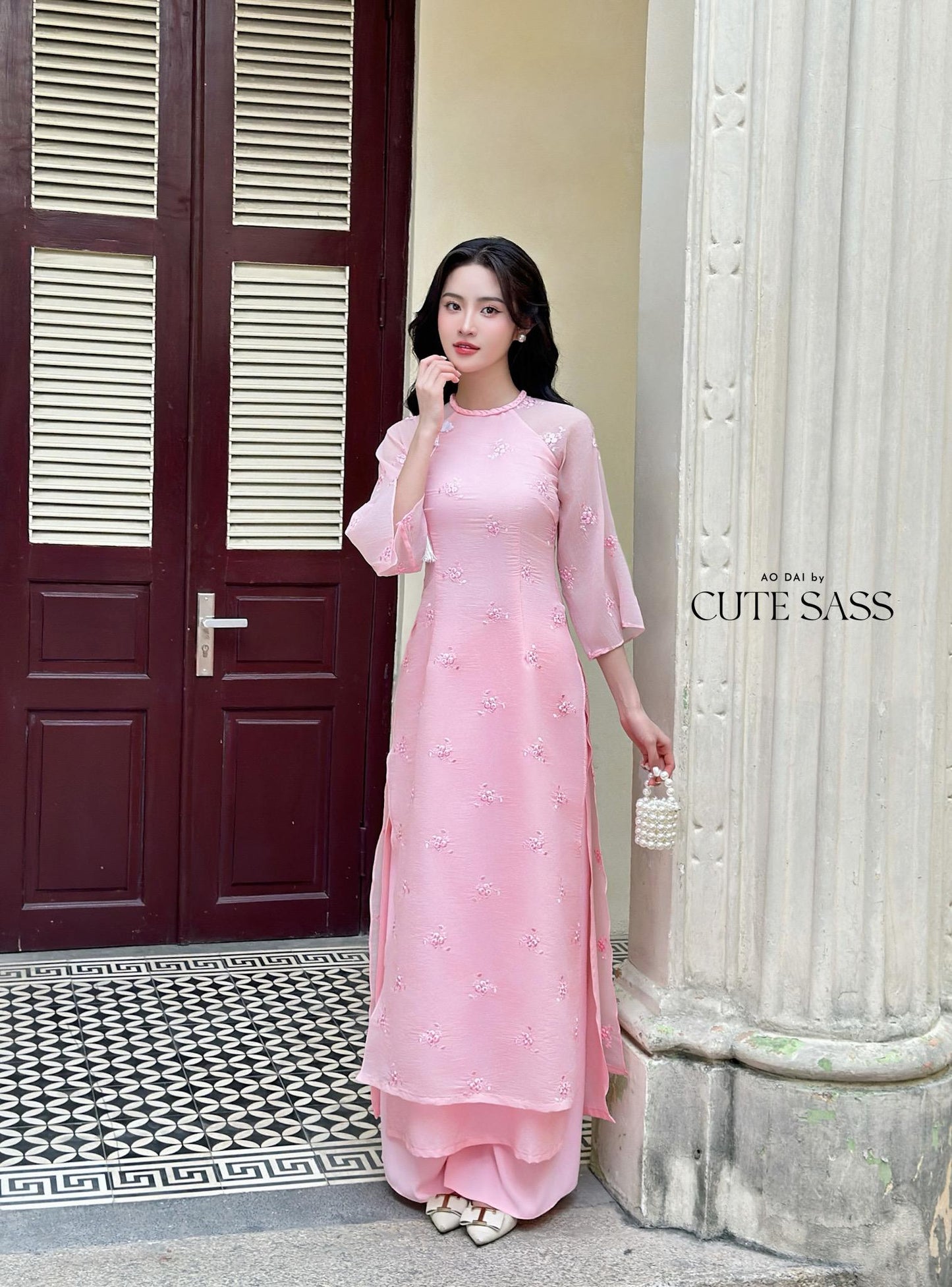 Pink Tassel Embroidery Roses Ao Dai Set 29A|Pre-made Modernized Vietnamese Ao Dai| Women Ao Dai with Pants | Lunar New Year|