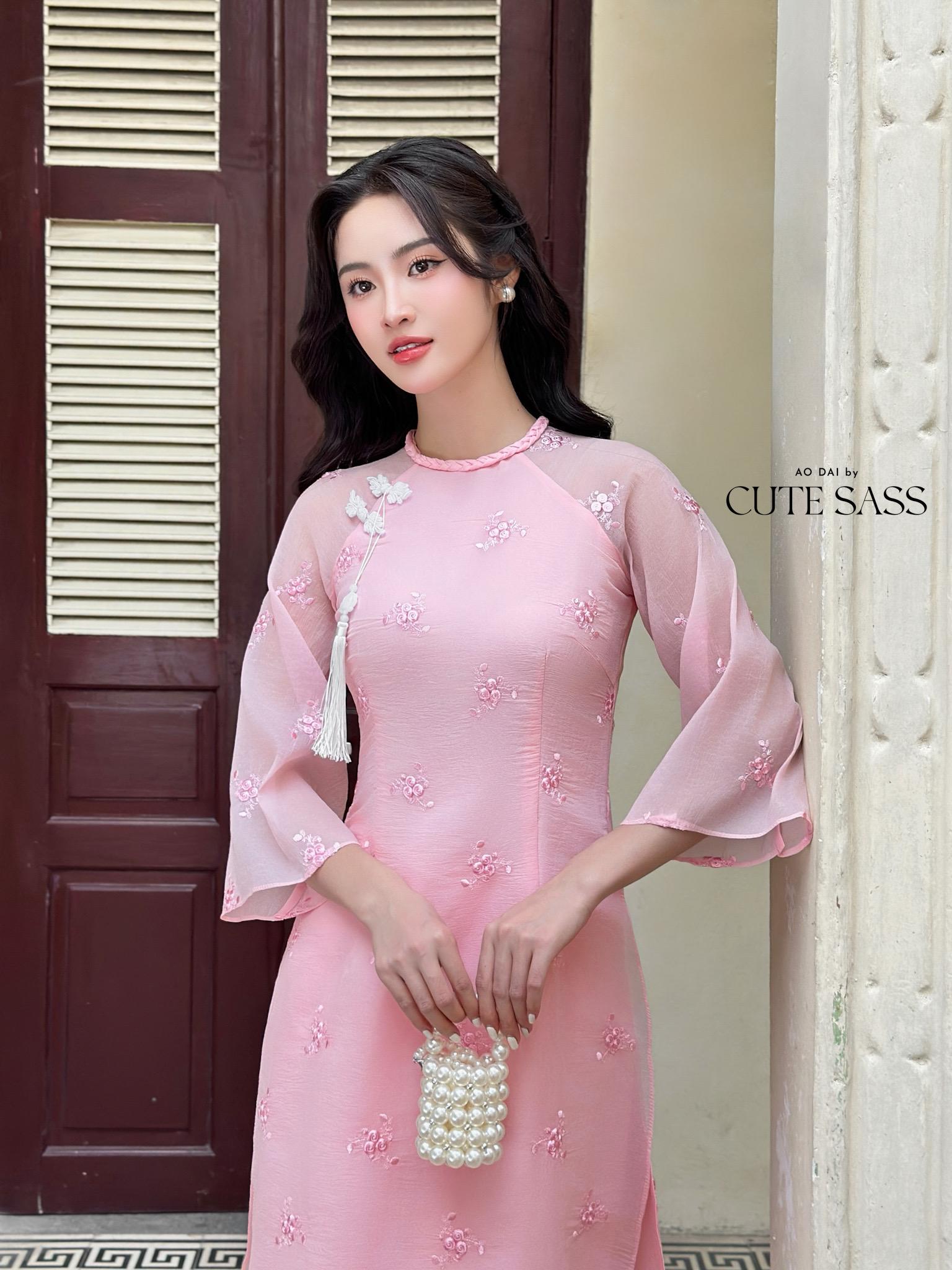 Pink Tassel Embroidery Roses Ao Dai Set 29A|Pre-made Modernized Vietnamese Ao Dai| Women Ao Dai with Pants | Lunar New Year|