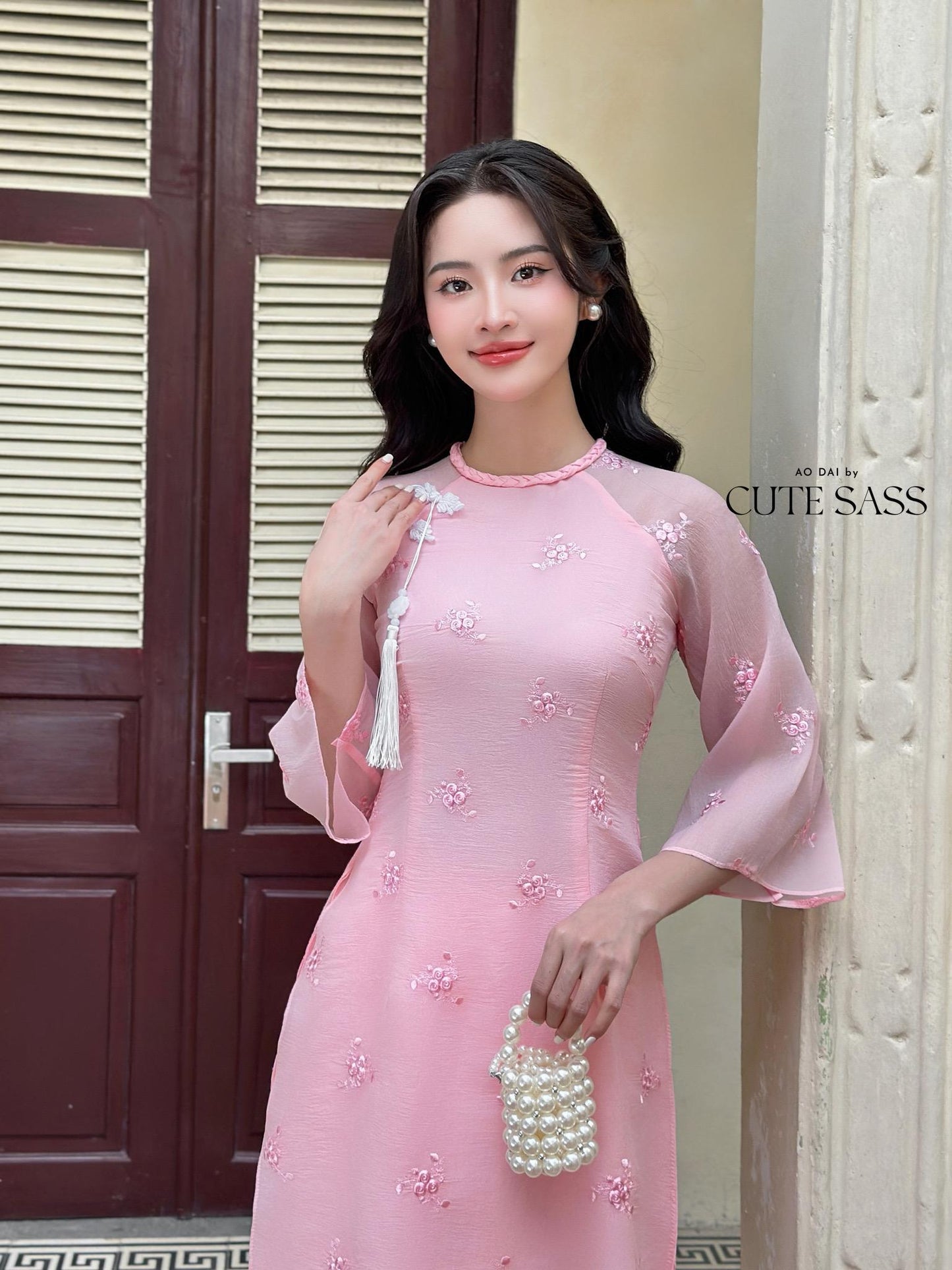 Pink Tassel Embroidery Roses Ao Dai Set 29A|Pre-made Modernized Vietnamese Ao Dai| Women Ao Dai with Pants | Lunar New Year|