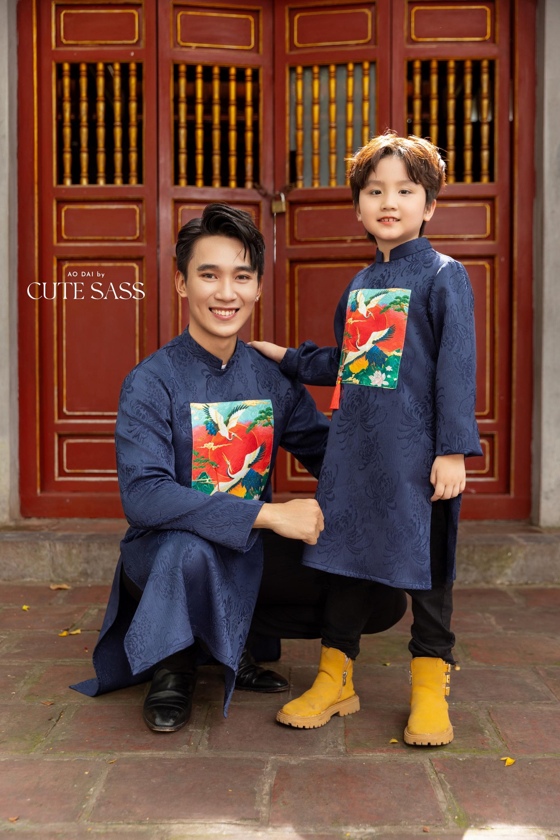 Cat Tuong - Dad and Boy Navy Blue Vibrant Matching Ao Dai Set (No Tassel) | Pre-made Traditional Vietnamese Ao Dai | Lunar New Year