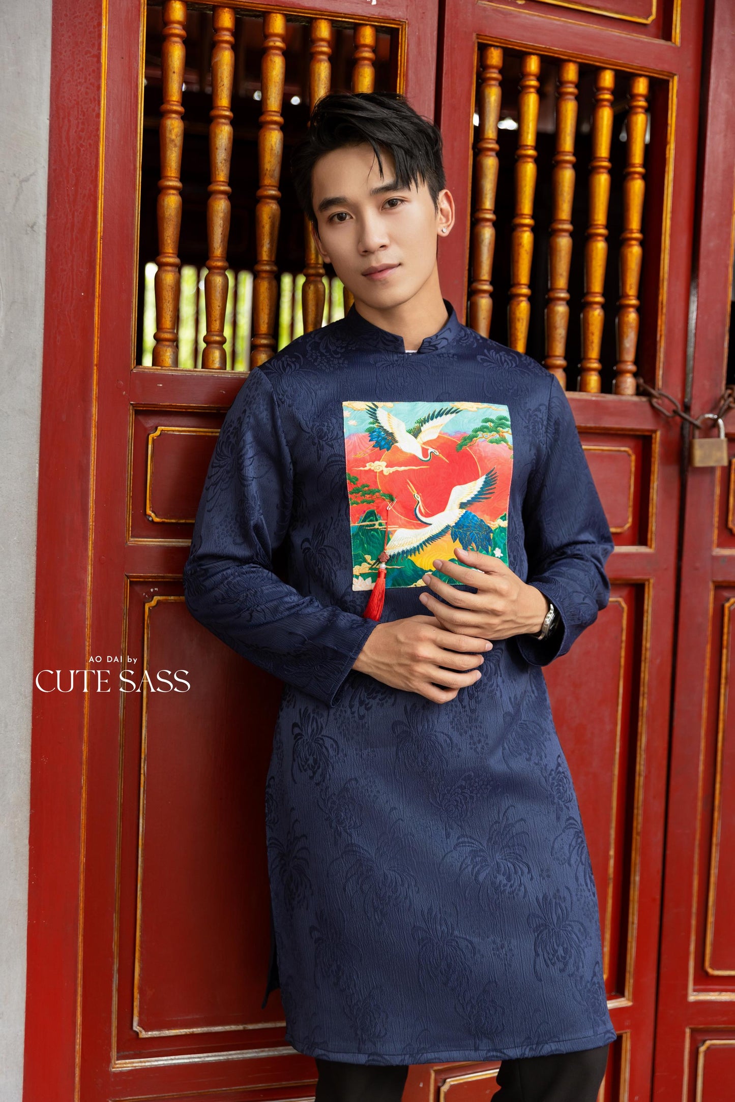 Cat Tuong - Dad and Boy Navy Blue Vibrant Matching Ao Dai Set (No Tassel) | Pre-made Traditional Vietnamese Ao Dai | Lunar New Year