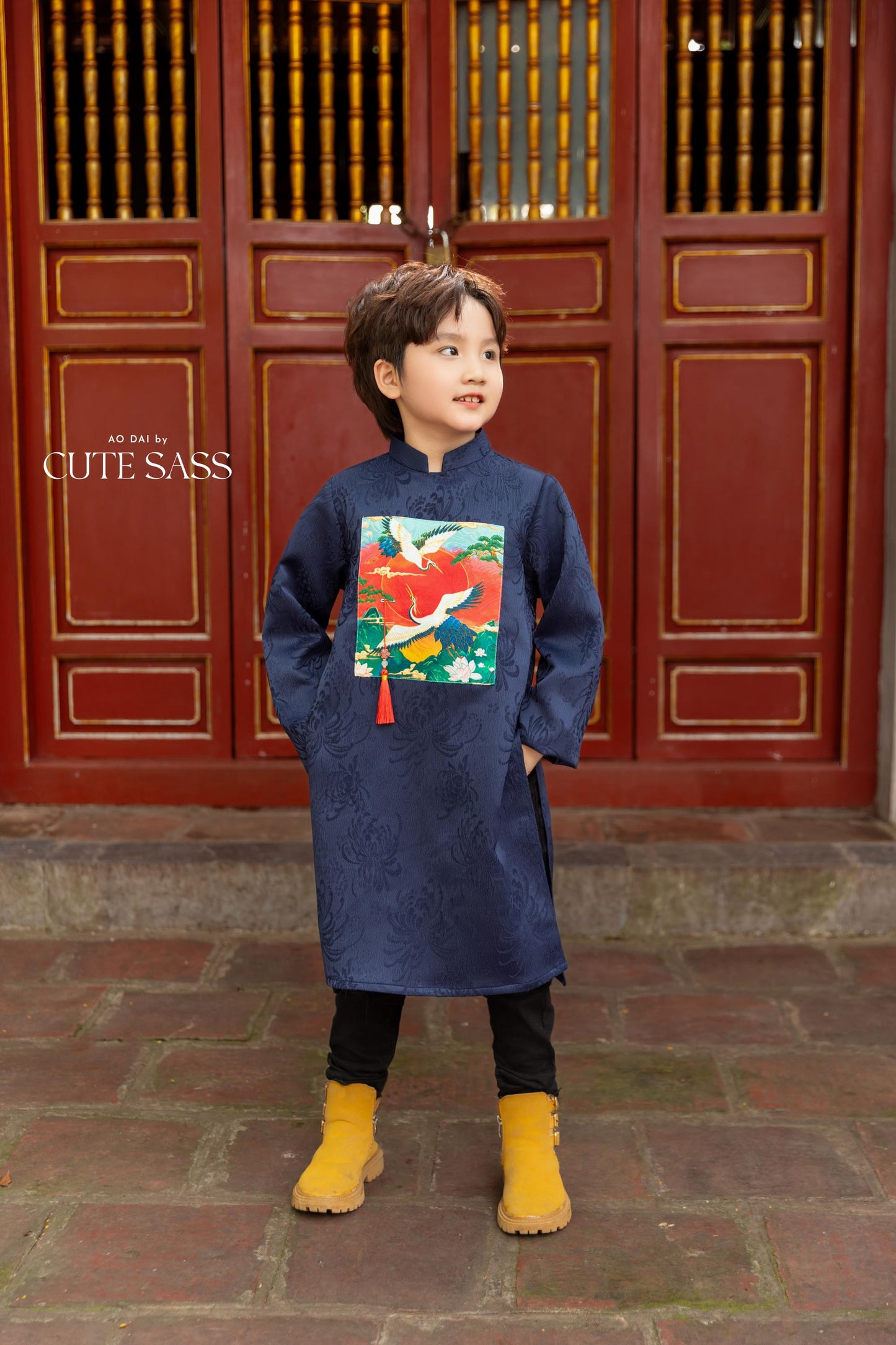 Cat Tuong - Dad and Boy Navy Blue Vibrant Matching Ao Dai Set (No Tassel) | Pre-made Traditional Vietnamese Ao Dai | Lunar New Year