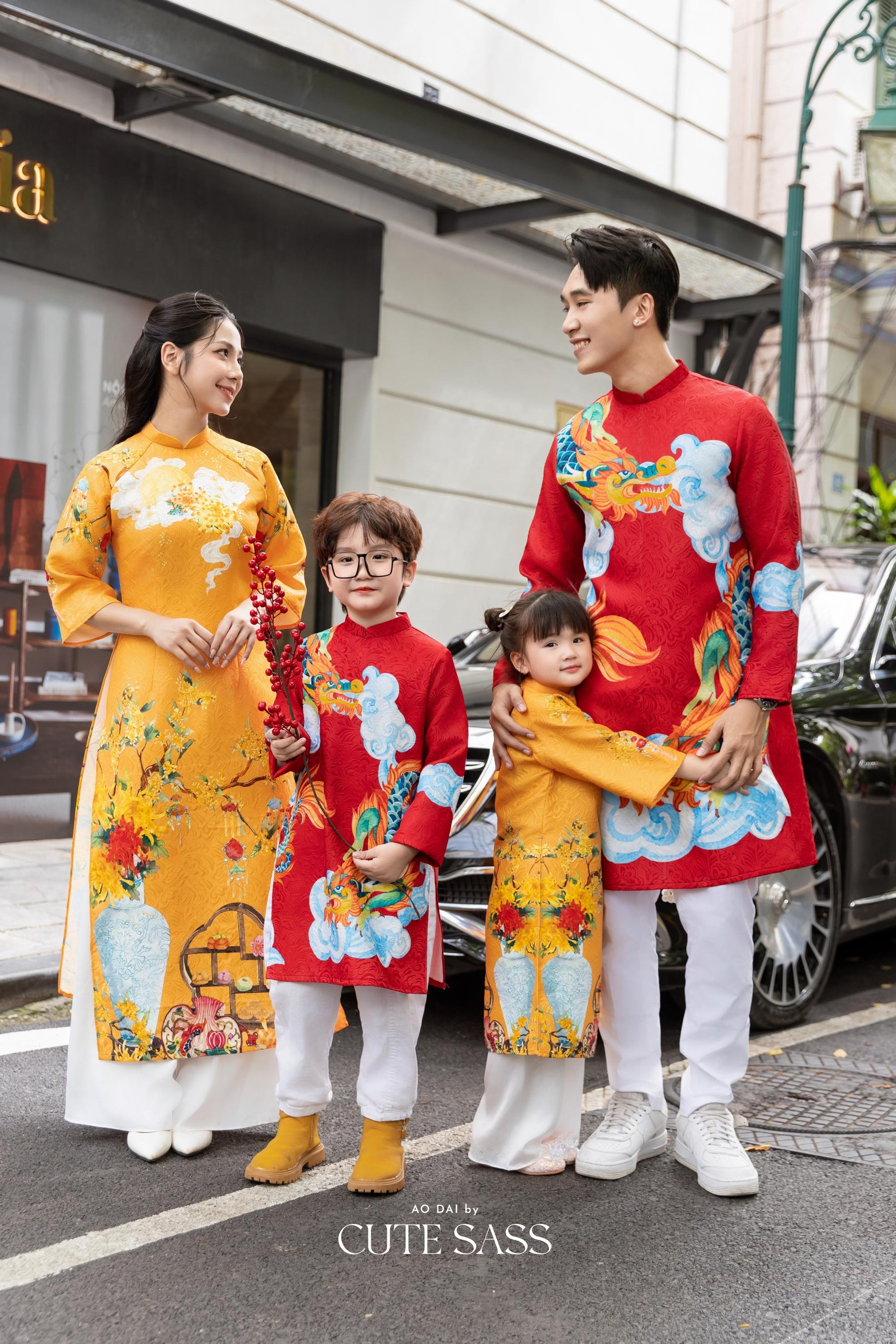 Cat Tuong - Family Red/Mustard Vibrant Matching Ao Dai Set FL| Pre-made Traditional Vietnamese Ao Dai | Lunar New Year