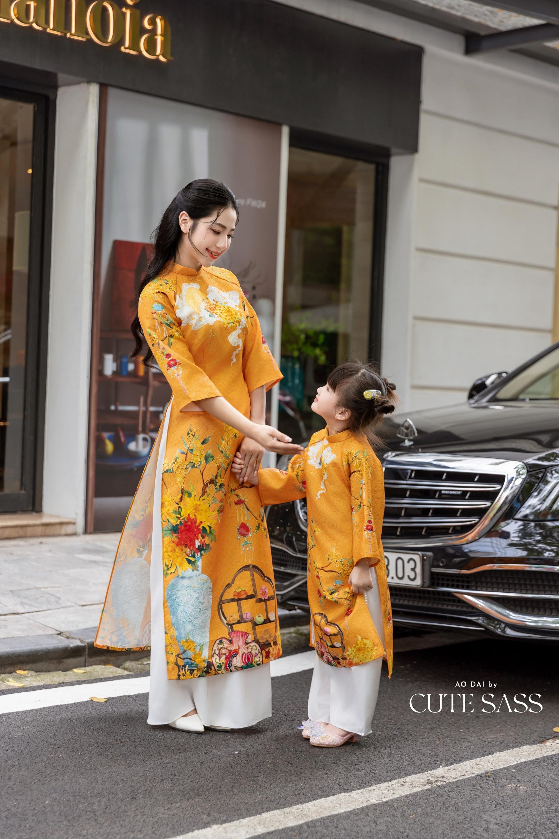 Cat Tuong - Family Red/Mustard Vibrant Matching Ao Dai Set FL| Pre-made Traditional Vietnamese Ao Dai | Lunar New Year