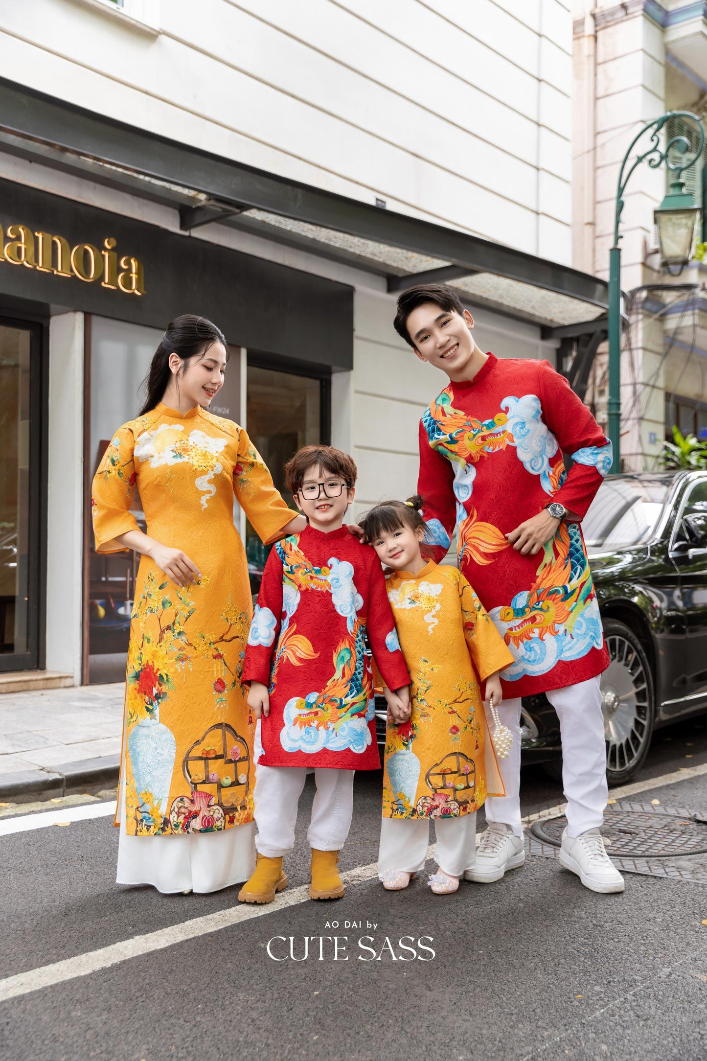 Cat Tuong - Family Red/Mustard Vibrant Matching Ao Dai Set FL| Pre-made Traditional Vietnamese Ao Dai | Lunar New Year